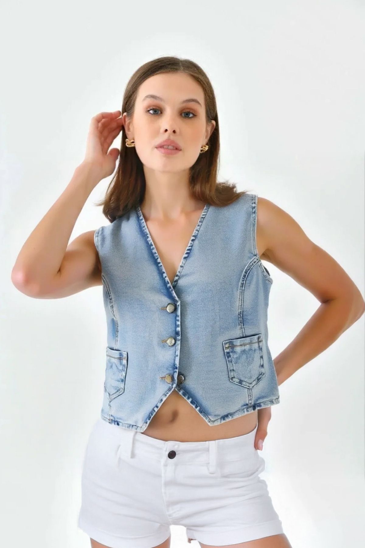 Xcedy CEDY DENIM - Kadın Slimfit Yazlık V Yaka Moda Tasarımlı Denim Yelek-C623-Kar-Yıkama