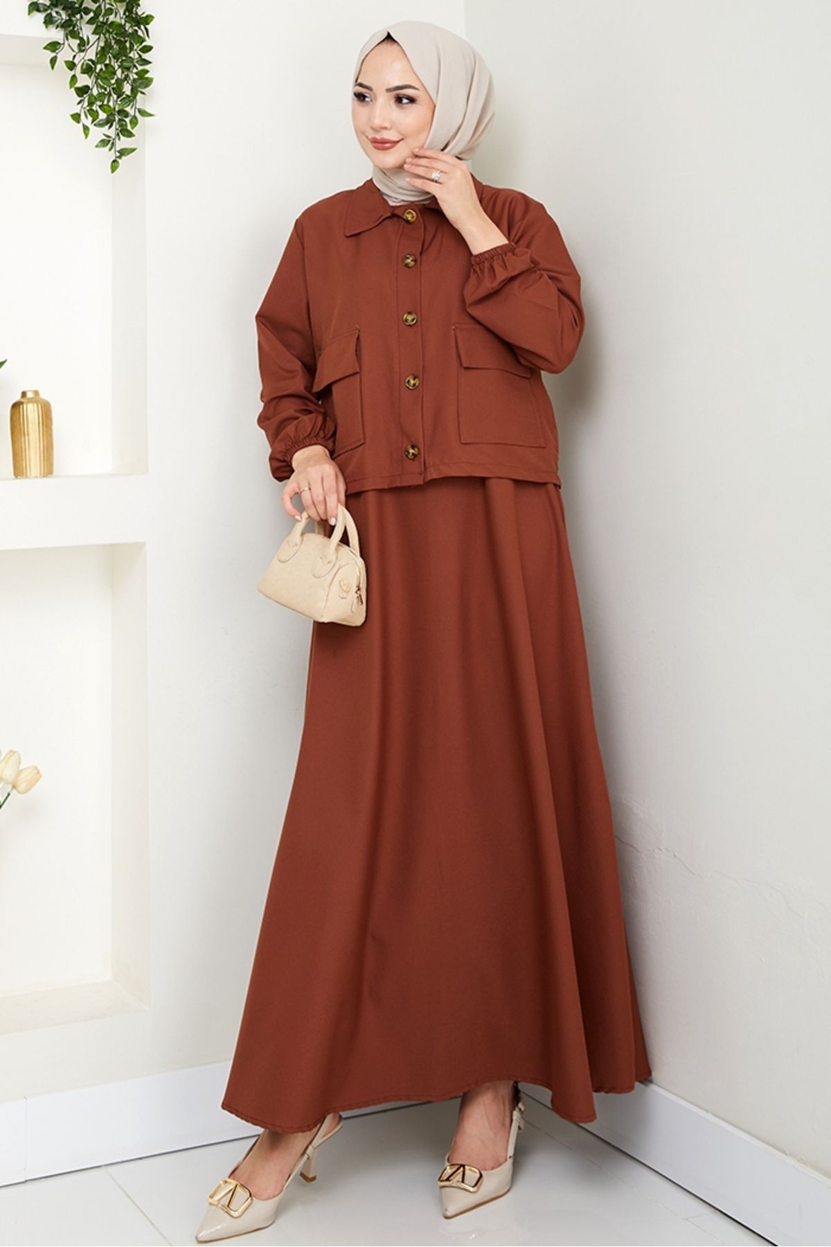 Bestenur Faylin Ceket Elbise İkili Takım 1565 - Taba