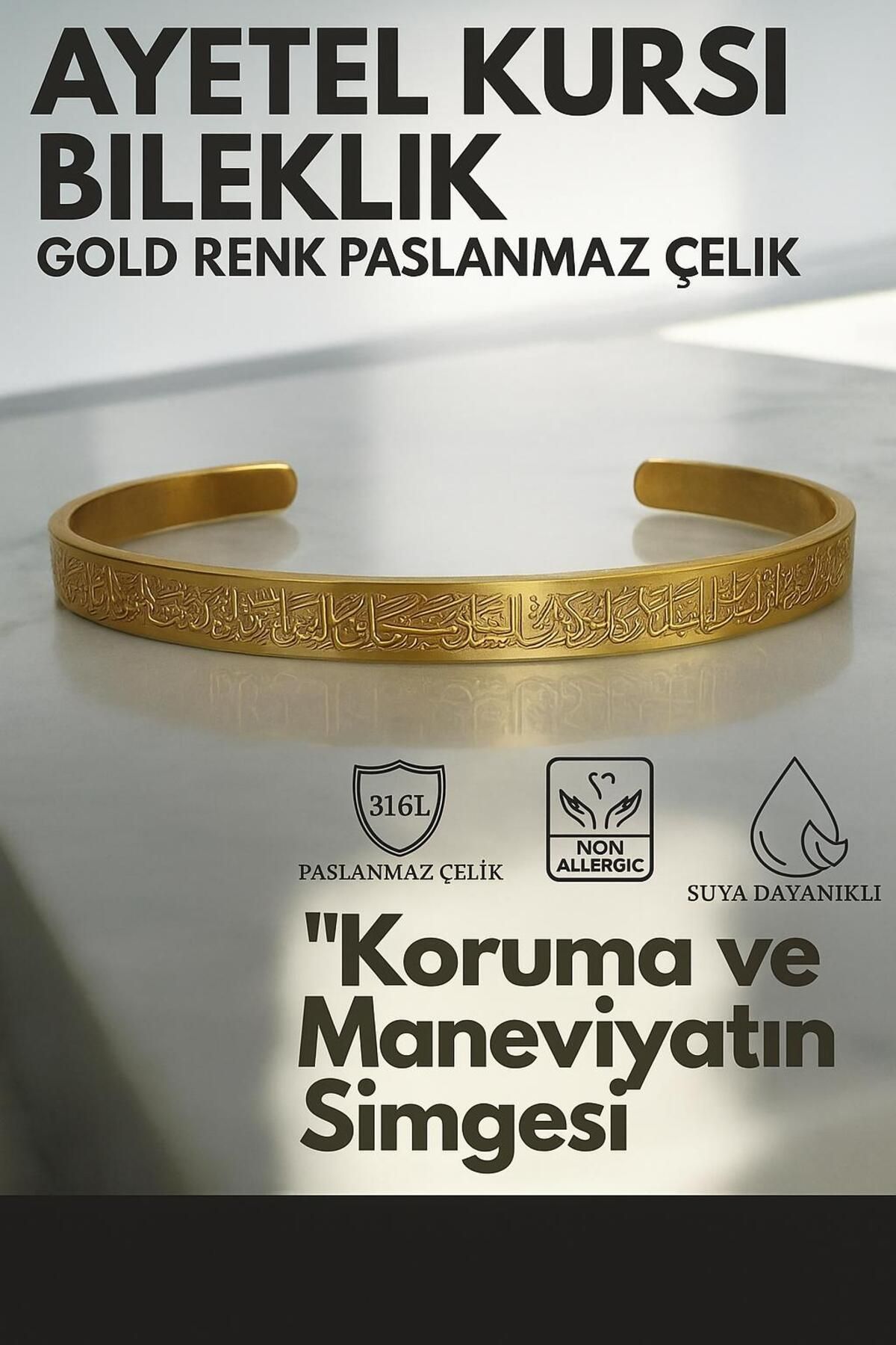 Moon Ayetel Kürsi Yazılı Bileklik Çelik Ayarlanabilir Erkek/kadın (GOLD RENK)