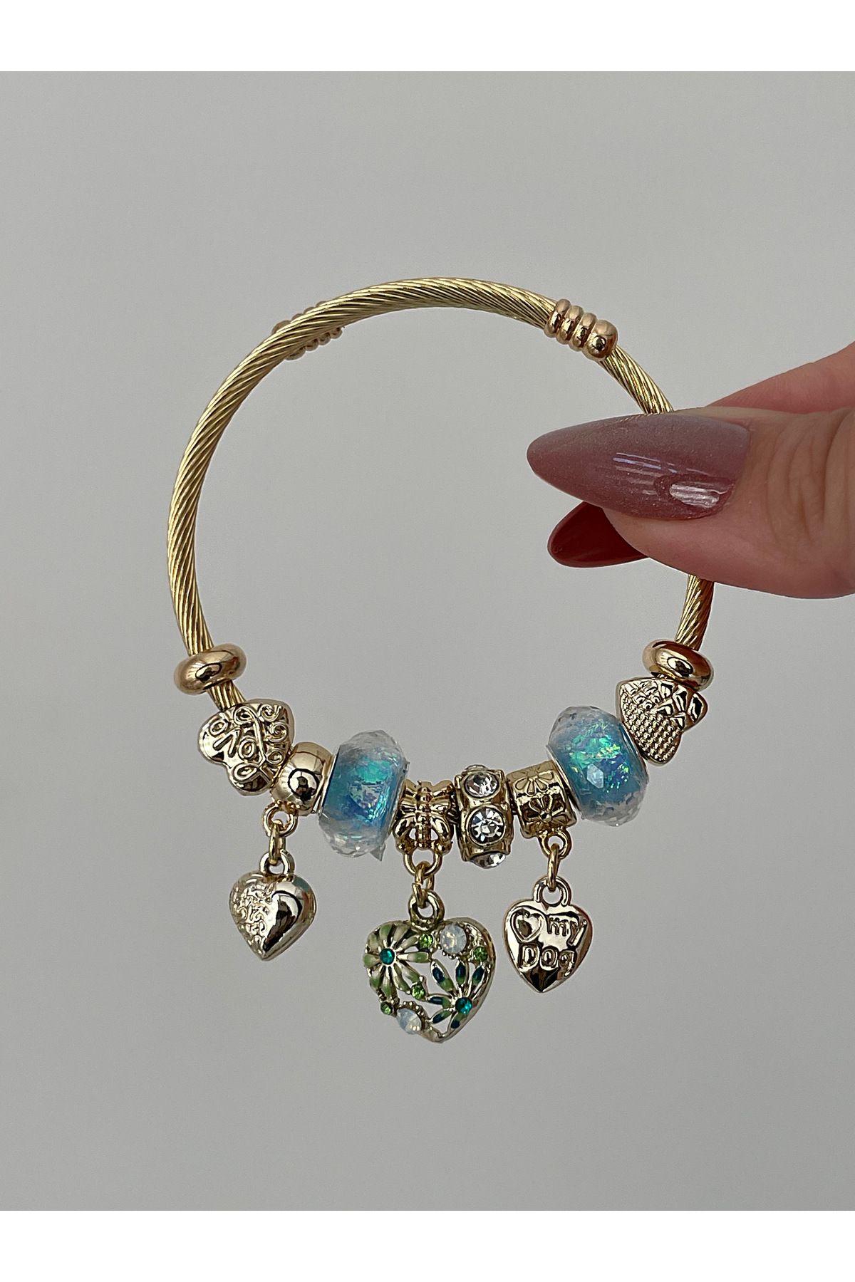 JELLY Kadın Çelik Altın Renk Vintage Kalp Charm Detaylı Taş Süslemeli Mavi Boncuklu Bileklik