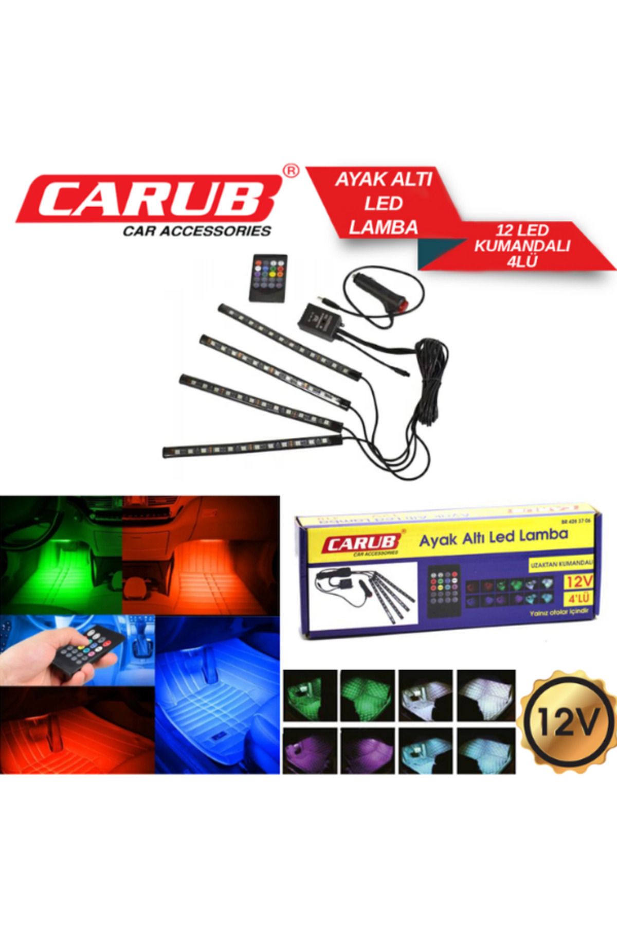 KAPOTO Araç İçi Ayak Altı Sese Duyarlı LED Aydınlatma 12 LED, 7 Renk, 12V Oto Atmosfer Işığı
