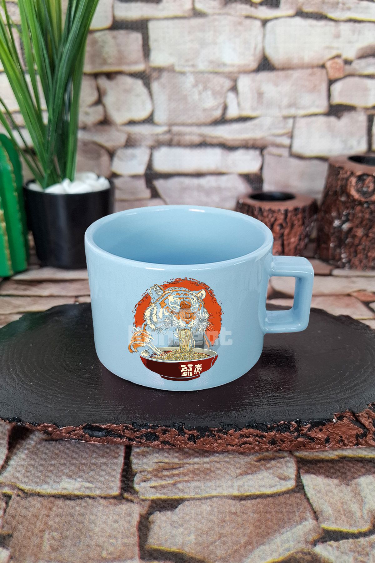 giftkonsept Ramen Tiger 2 Baskılı Japon Noodle Kaplan Anime Çizimi Kare Kulplu Fincan Mavi Kupa Bardak
