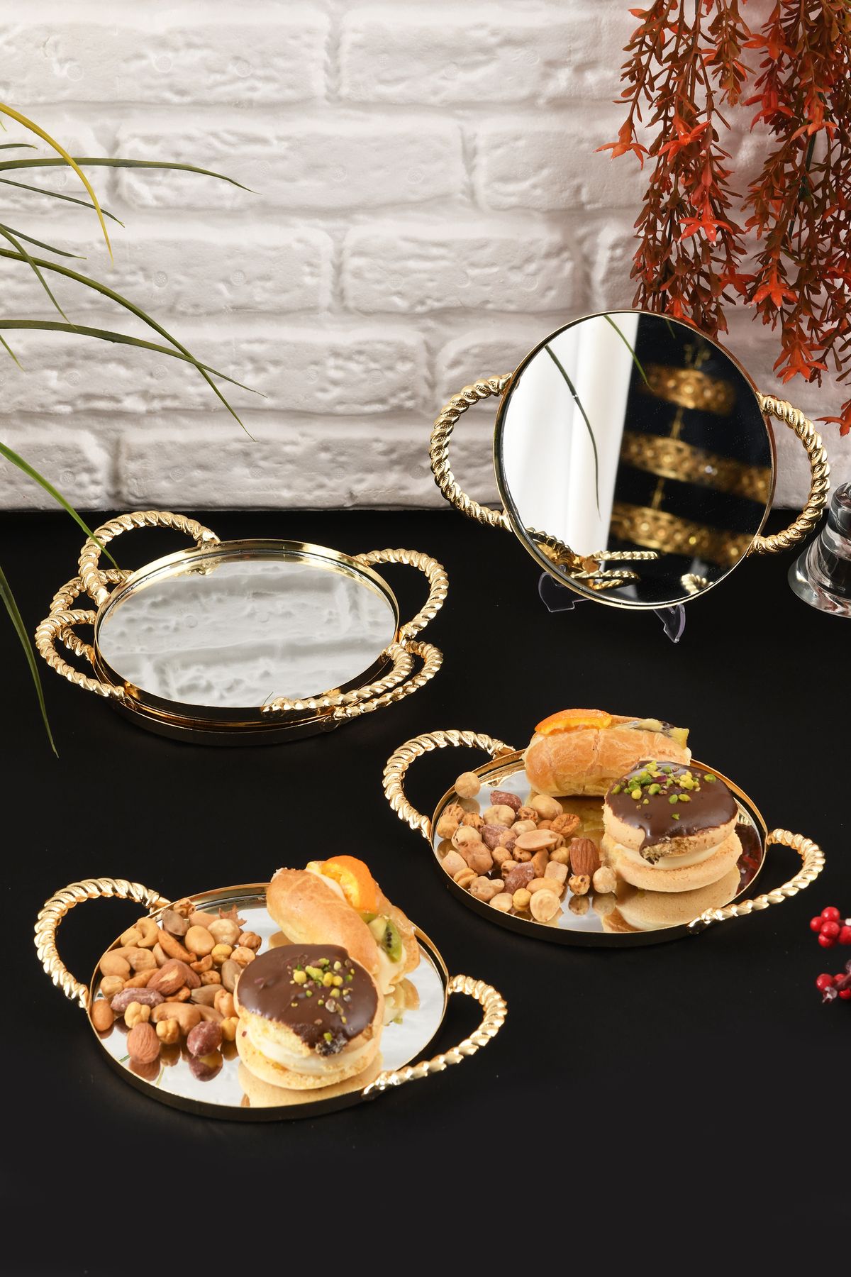 HELVACIOĞLU AKSESUAR 6 Adet Aynalı Kulplu Kahve, Pasta, Kek, Baklava, Kurabiye, Çay Sunum Tepsisi 15 cm