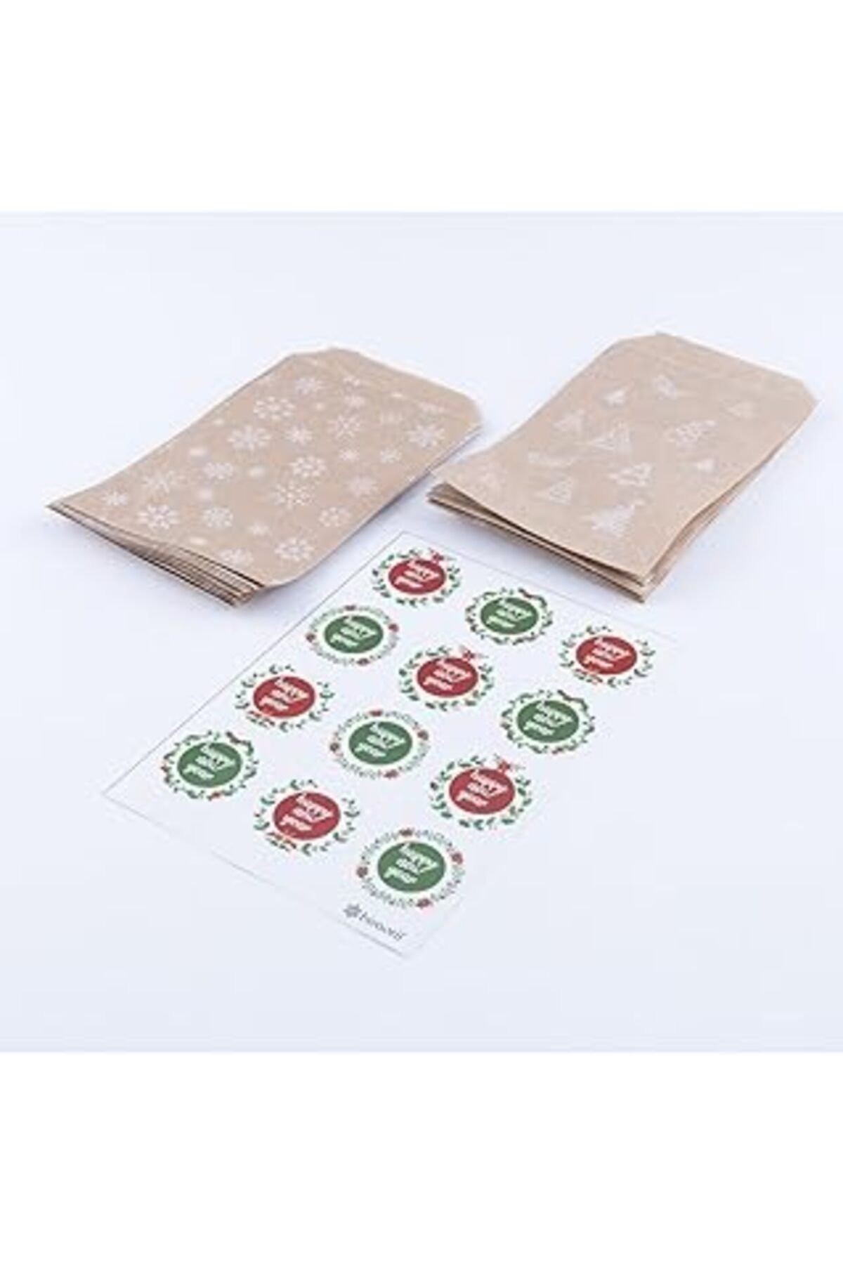 NETWORK ART Bimotif 20 Adet Çam Ve Kar Desenli Kese Kağıdı (11X20 Cm) Ve Happy New Year Stickerdan Oluşan Set