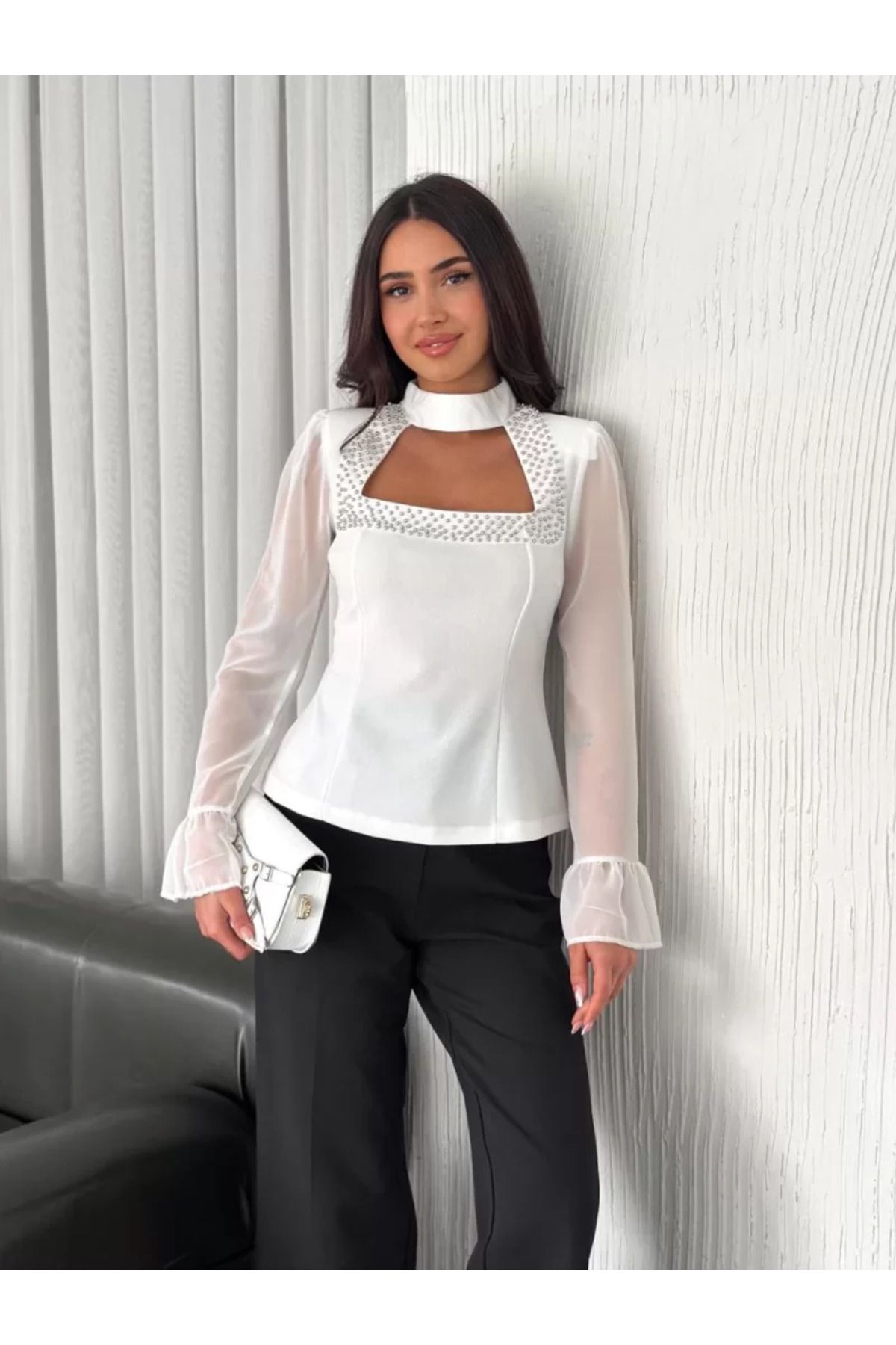 ruum fashions Penye Uzun Kollu Kolları Şifon Göğüste İnci Boncuk detaylı Bluz