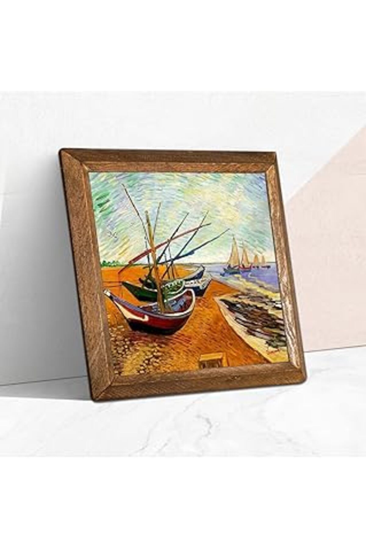 ASİTAN Pinecone Vincent Van Gogh Balıkçı Tekneleri Taş Duvar Tablosu - Ahşap Çerçeveli Taş Tablo - 25X25 C