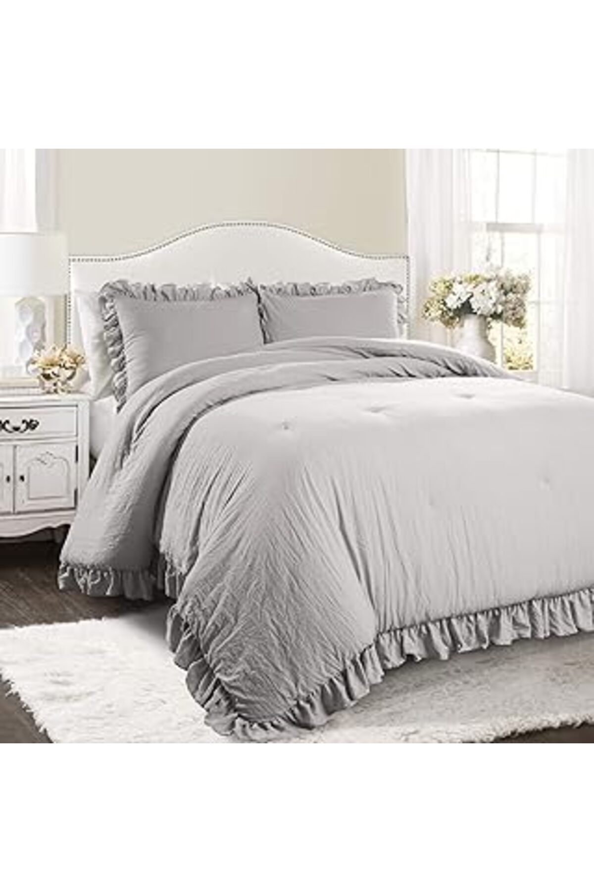 Qedii Lush Decor Açık Gri Reyna Yorgan Fırfırlı 3 Parça Set Yastık Kılıfı King Size Yatak