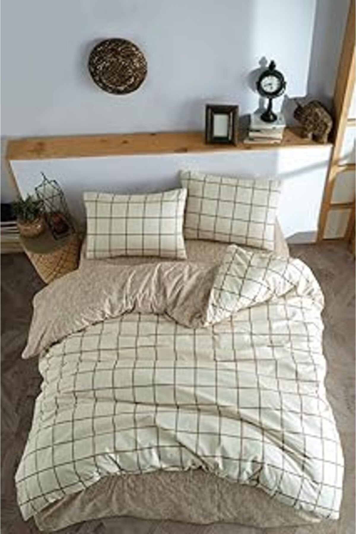 Mu Art Ahşap Cozy Home Çift Kişilik Lastikli Çarşaflı Nevresim Takımı Kare Krem