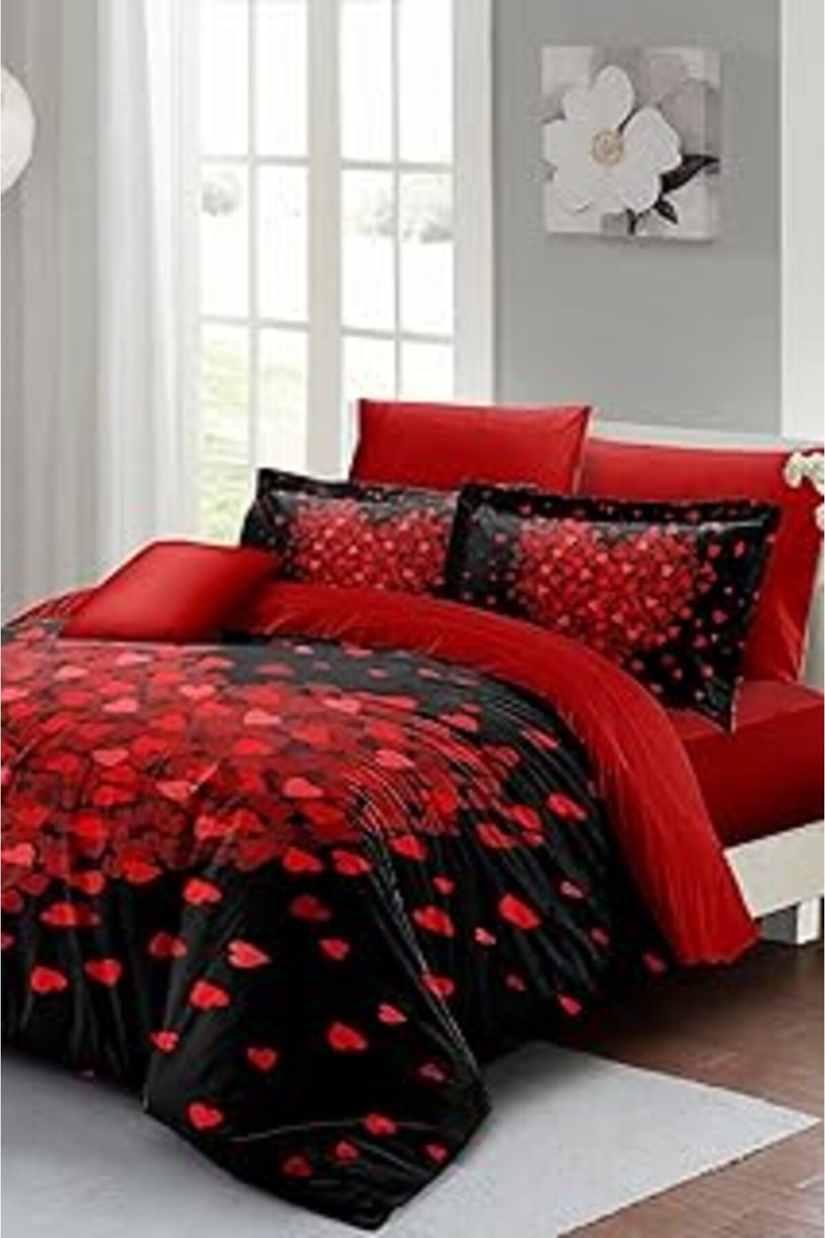 Qedii Monohome Sevgililer Günü Lastikli Çarşaflı Pamuk Saten Çift Kişilik Kalpli Nevresim Heart Black