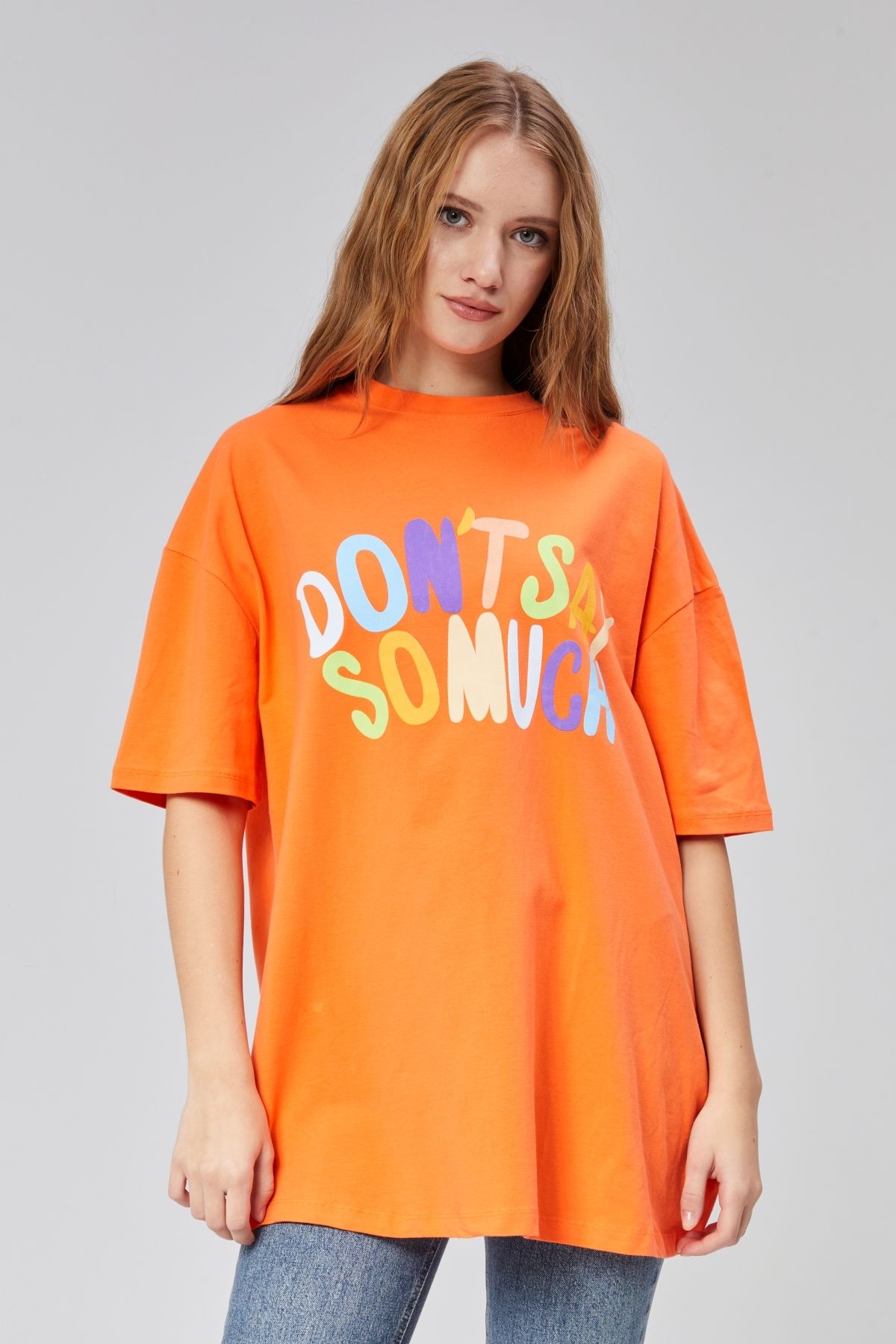 TF The Fancy For You Kadın Bisiklet Yaka Baskılı Kısa Kollu Oversize Tişört