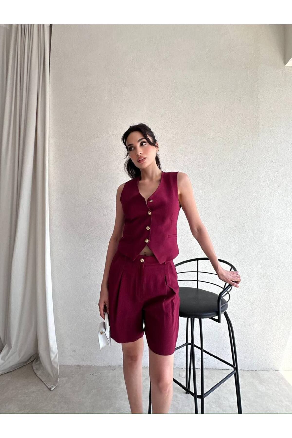 BUTİK ELAJ kadın bordo gabardin modal yelek şort takım