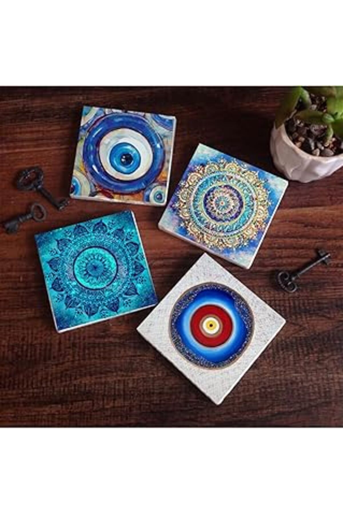 NETWORK ART Pinecone Nazar, Mandala Taş Bardak Altlığı Seti - 4 Parça - Dekoratif, Rustik Mutfak Aksesuarı, 10X
