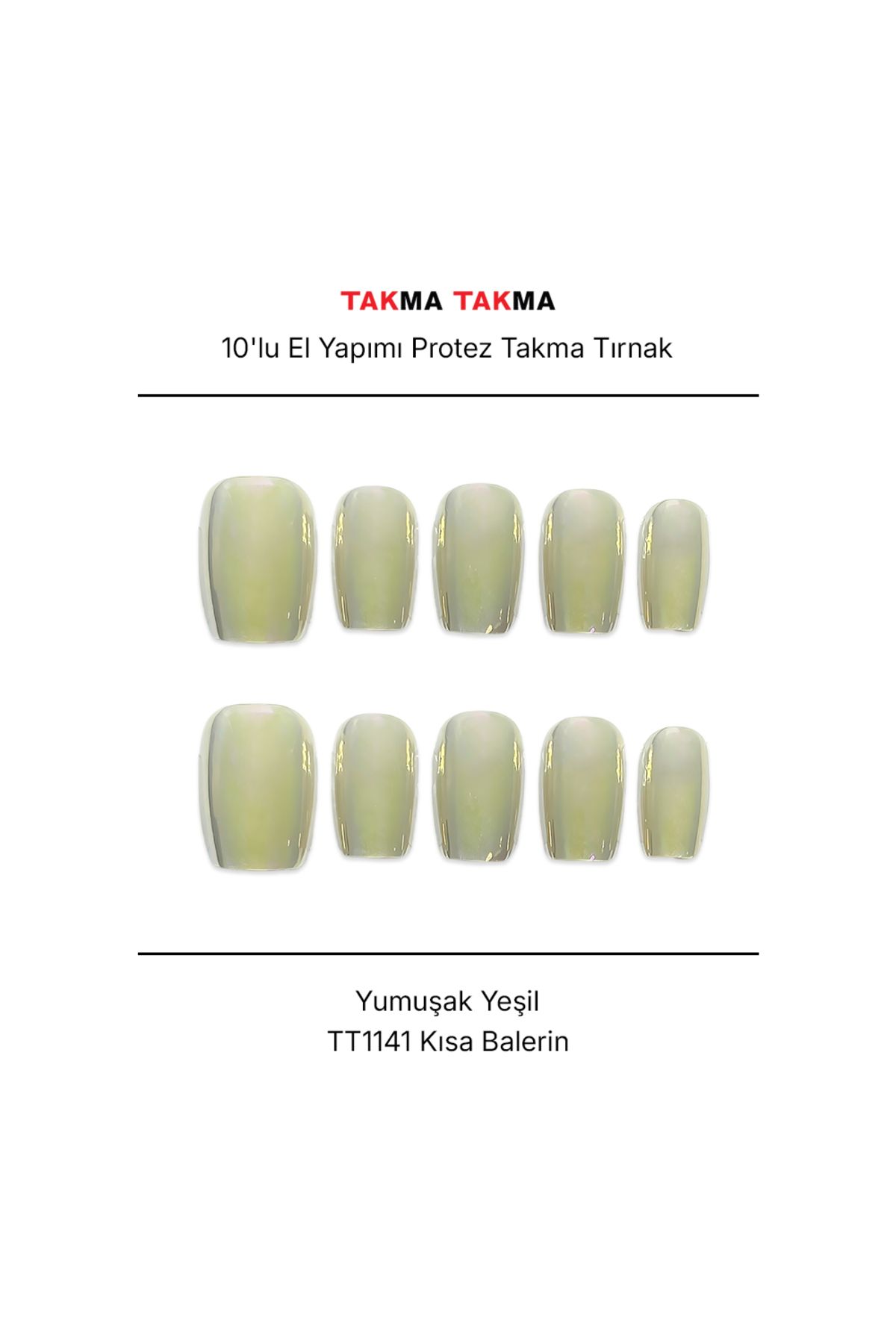 Takma Takma Tekrar Kullanılabilir El Yapımı Protez Takma Tırnak TT1141 - Yumuşak Yeşil - 10'lu M-Yeşil