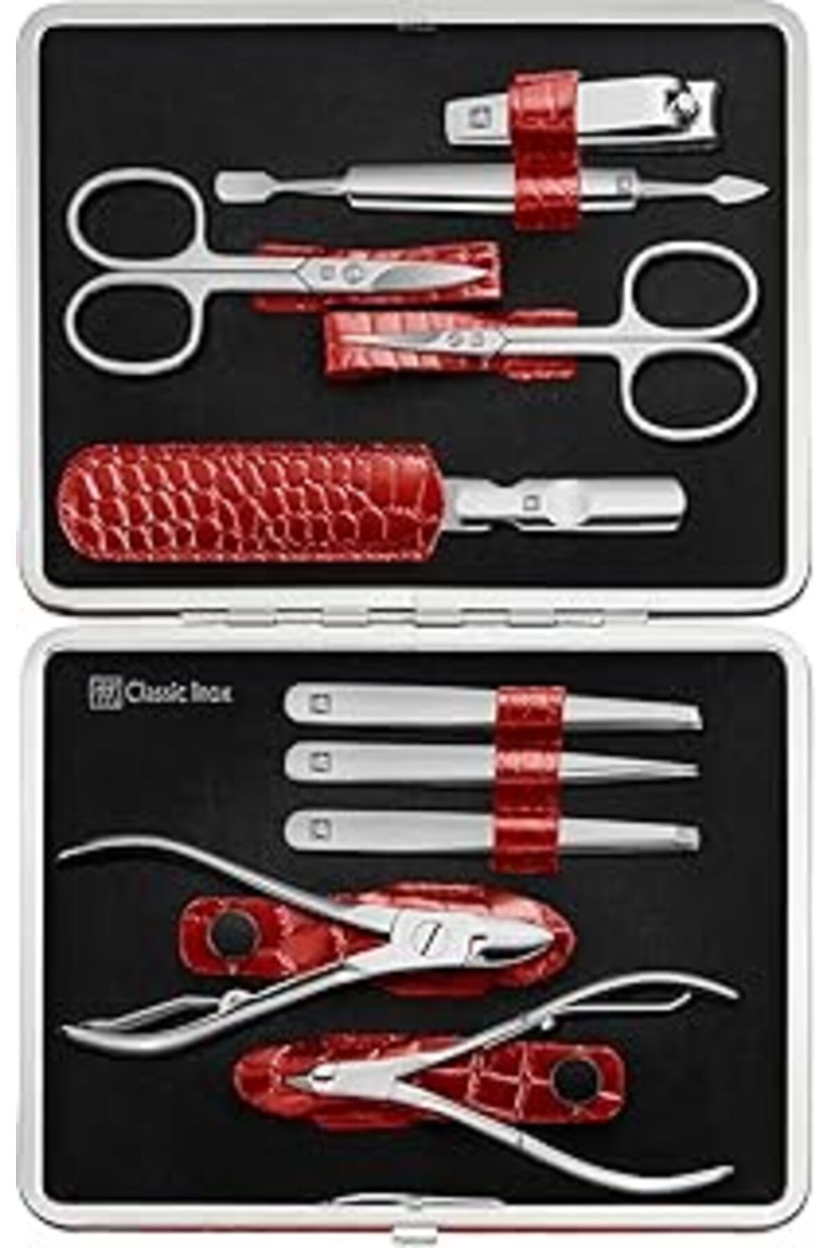 Qedii Zwilling İkiz Klasik Inox Kılıf Croc Çerçeve Manikür Seti (10 Parça), Kırmızı,