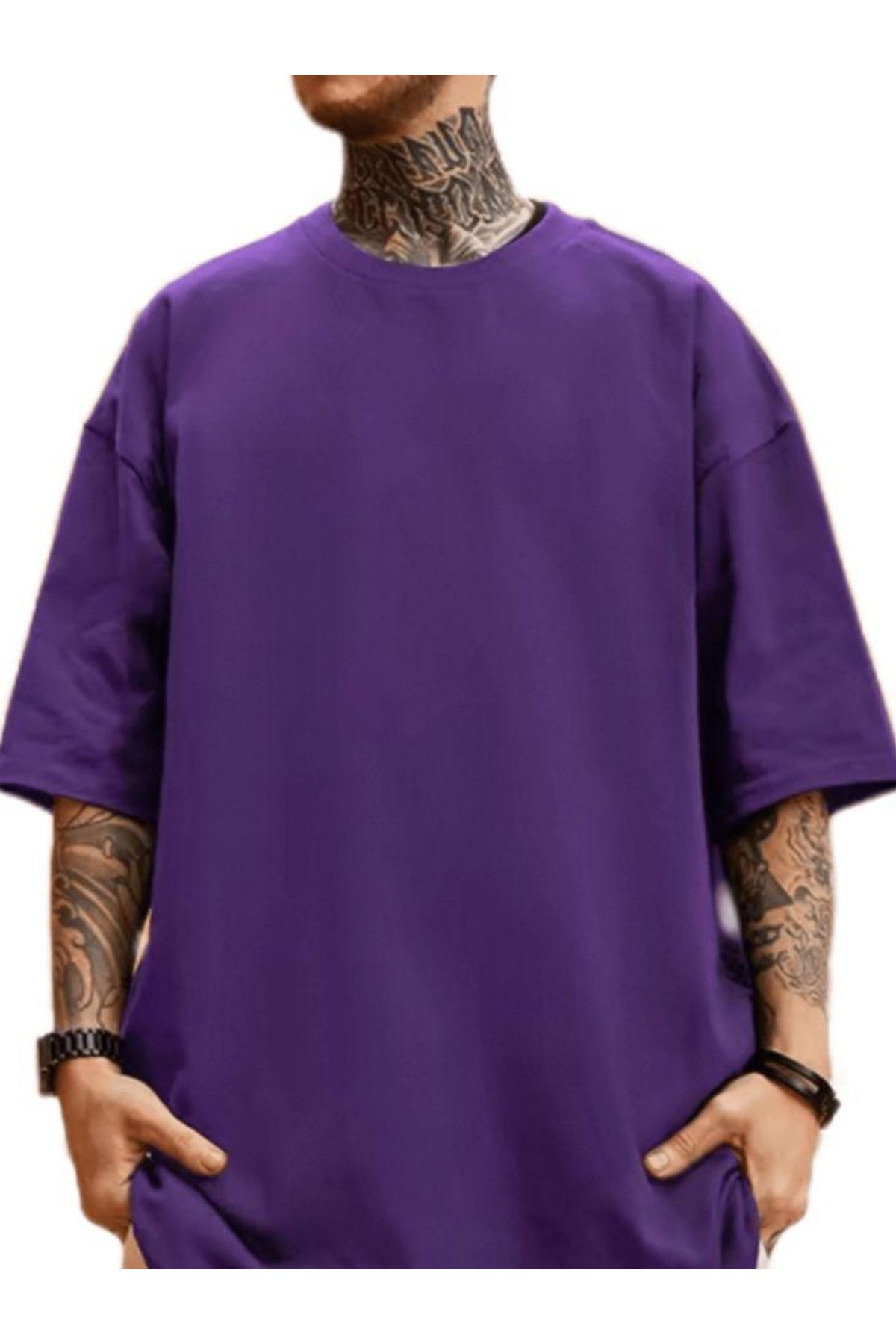 FİTGO Mor Oversize Baskısız T-Shirt