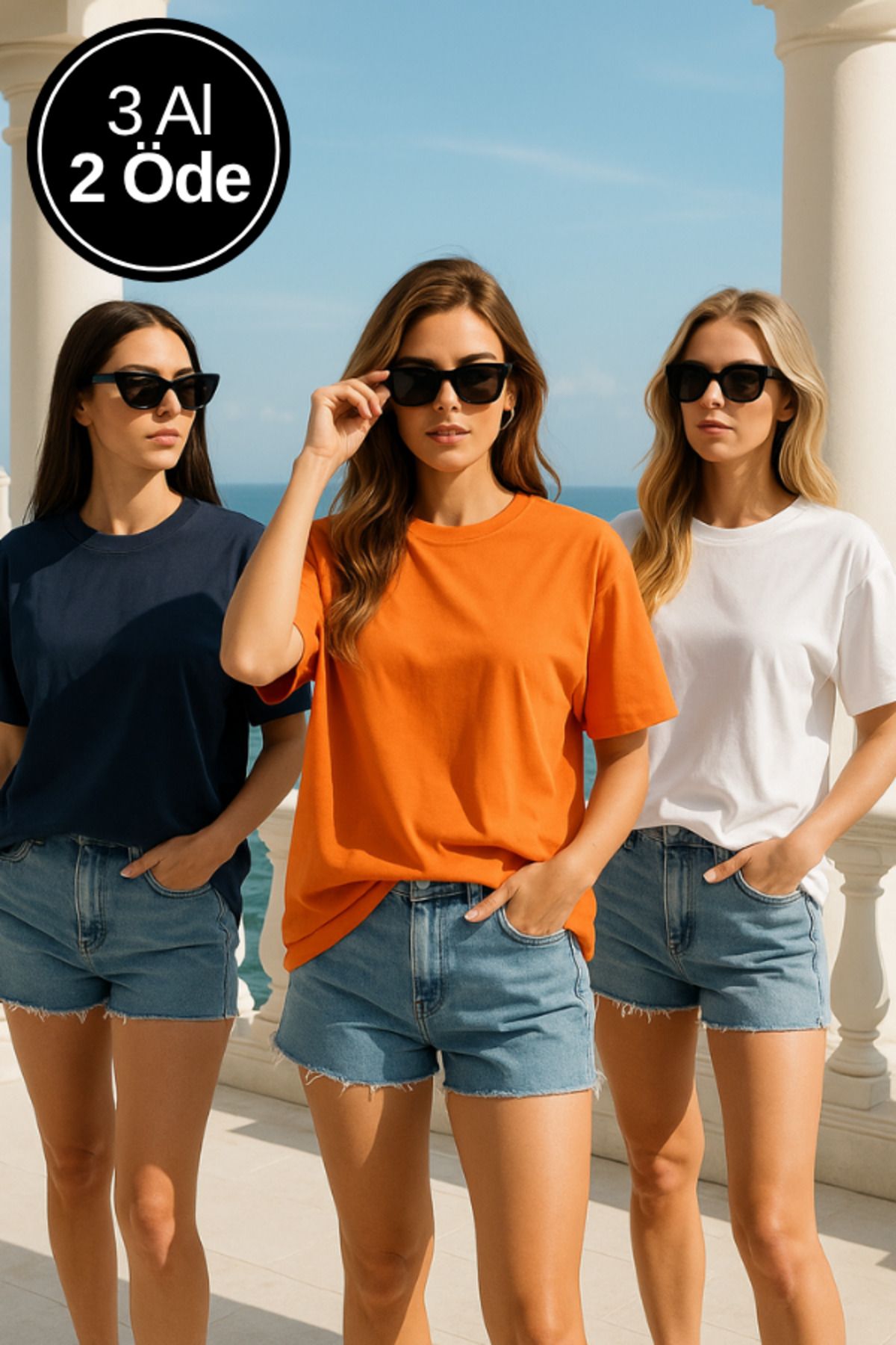 Rich Kadın 3'lü Paket Siyah-Beyaz-Turuncu %100 Pamuk Oversize Basic Tişört Bisiklet Yaka Relaxed T-Shirt