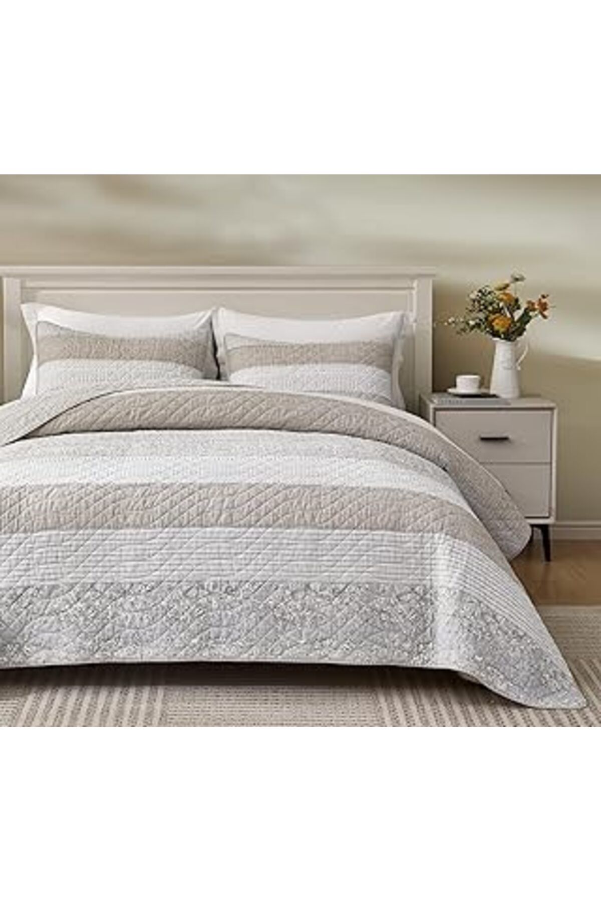 ASİTAN Chezmoi Collection Robyn 3 Parça Nötr Boz Kahverengi Gri Beyaz Çiçekli Amber Çiçeği Yama İşi Çizgil