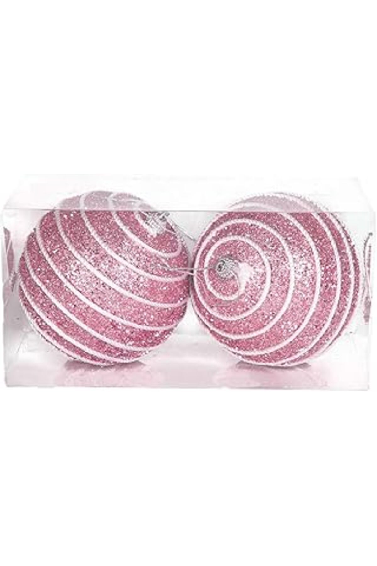 ASİTAN Herdekora Yılbaşı Topu Pullu Beyaz Şerit İp Desenli 2'Li Paket Pembe 9 Cm.