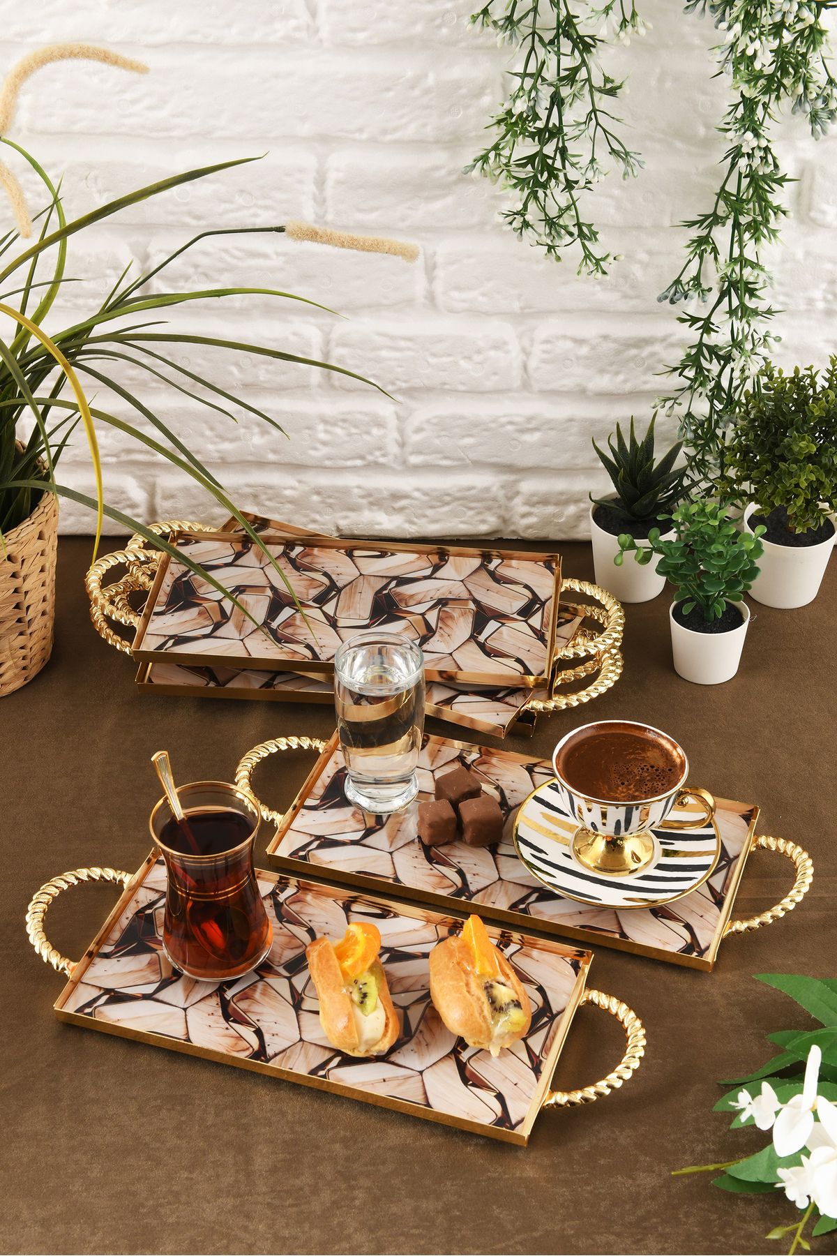HELVACIOĞLU AKSESUAR 6 Adet Kulplu Kahve ,Pasta, Kek, Baklava, Kurabiye, Çay Sunum Tepsisi 12x25 cm Gold