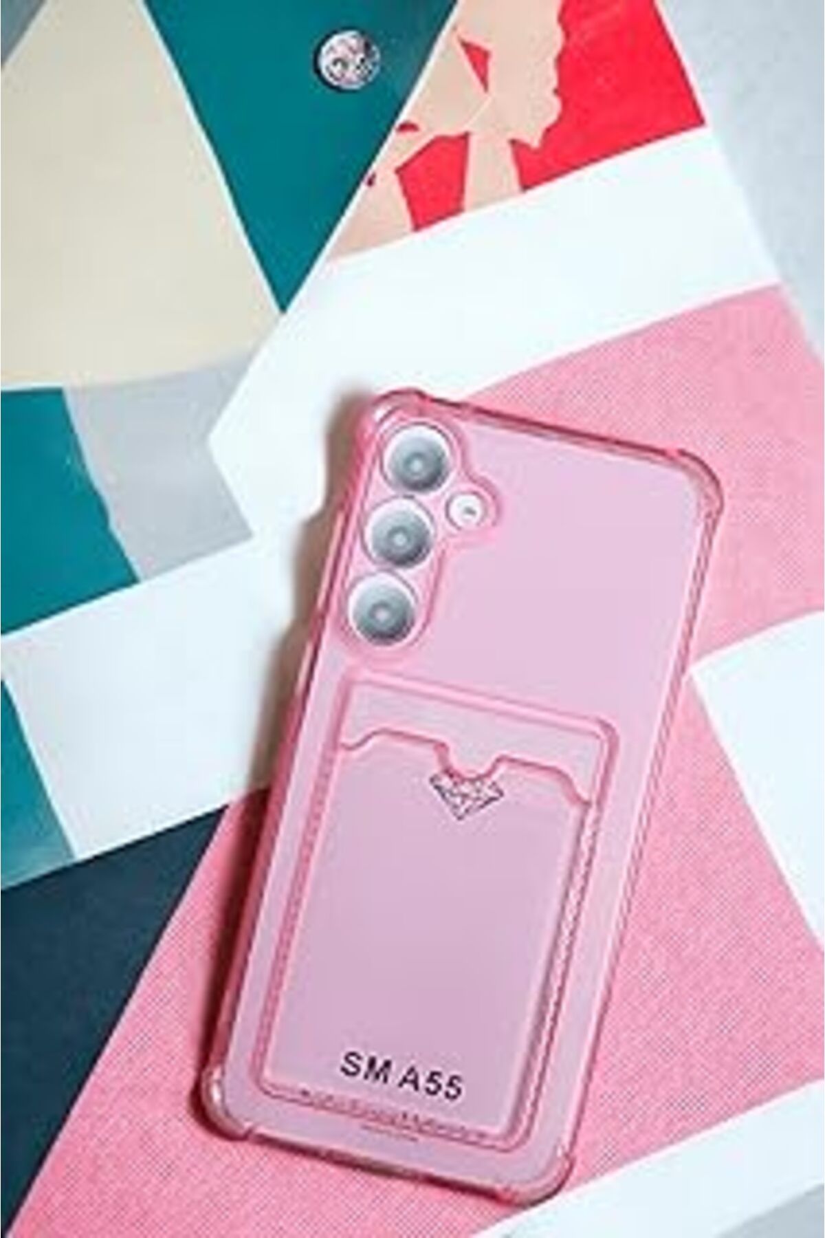 Qedii E-Ticashop Samsung Galaxy A55 Kılıf Kartlıklı Köşe Koruma Tasarımlı Renkli Şeffaf G-Kart Kılıf (Pem