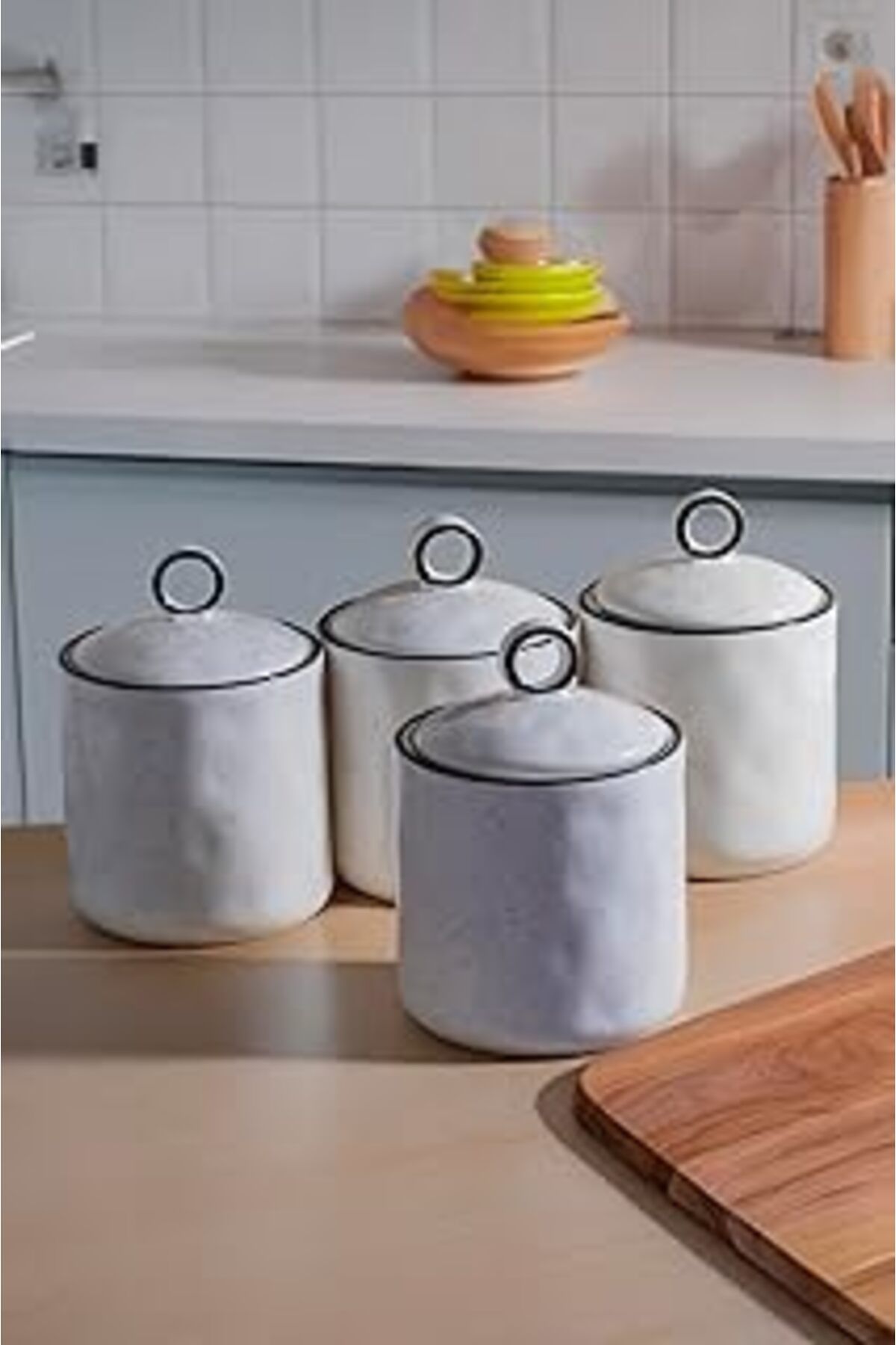 Mu Art Ahşap Meturas Modern Mutfak Silikon Vakum Kapaklı Porselen Baharatlık Seti 4'Lü- 400 Ml