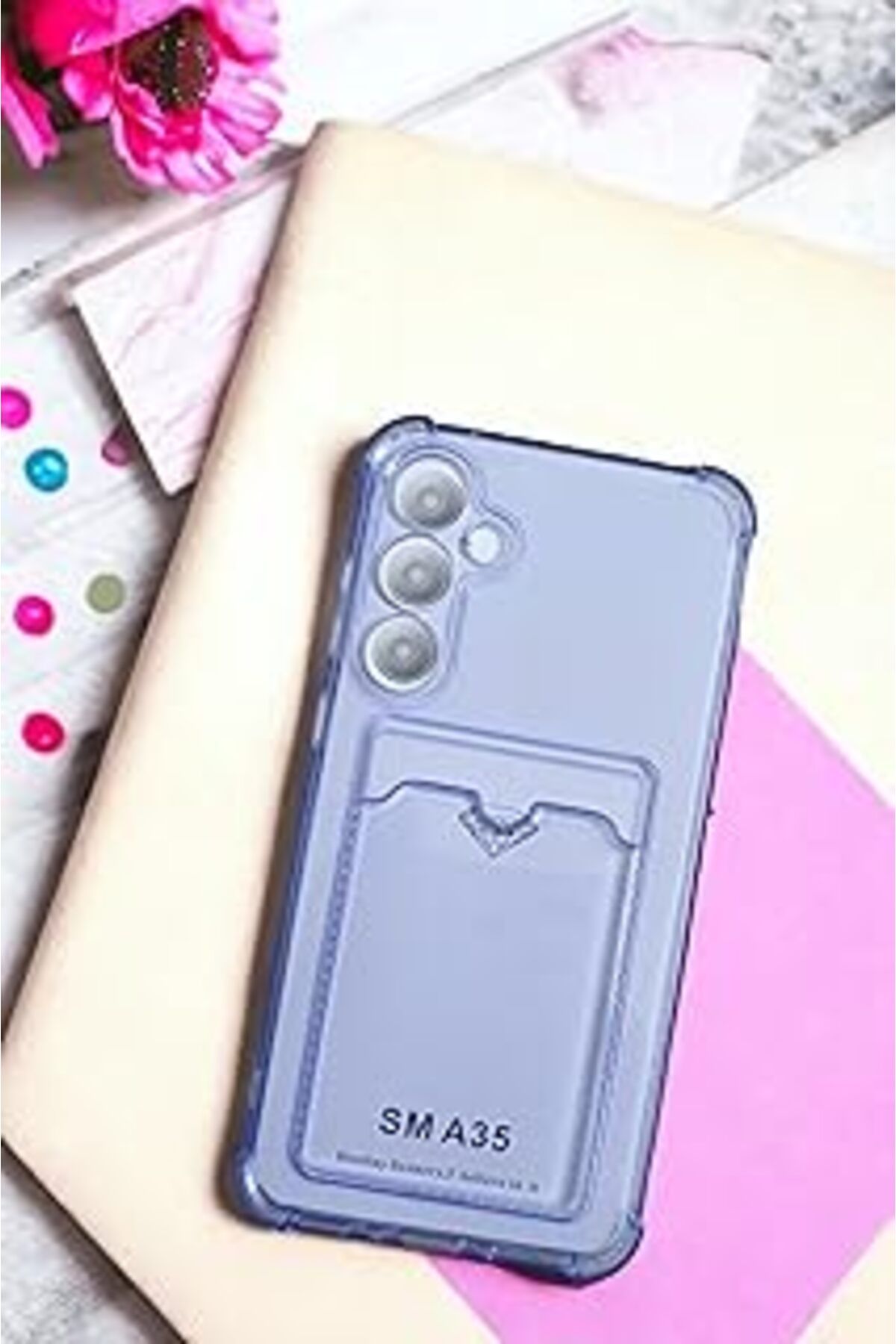 Qedii E-Ticashop Galaxy A35 Kılıf Kartlıklı Köşe Koruma Tasarımlı Renkli Şeffaf G-Kart Kılıf (Lila)