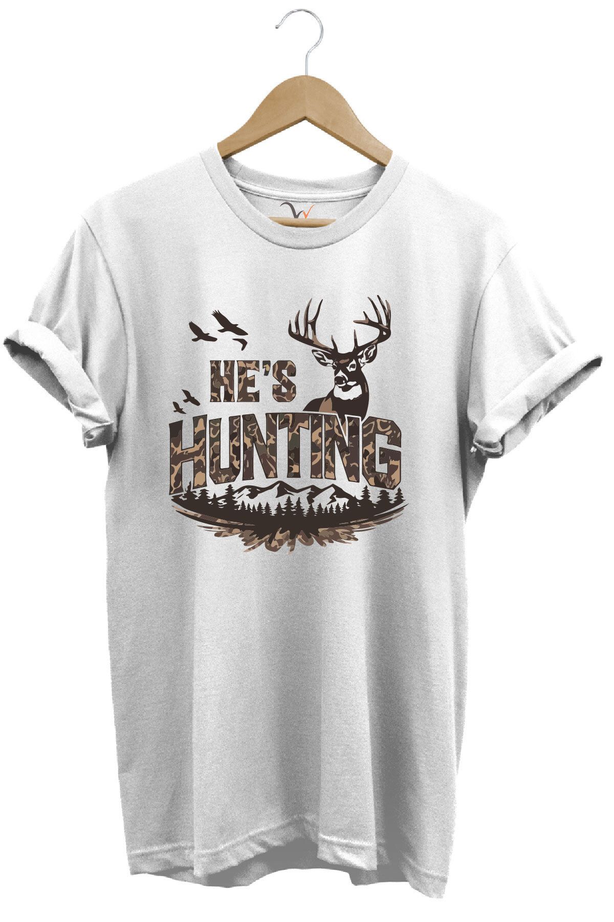 WİDİ Kamuflaj Desenli Hunting Yazısı ve Geyik Baskılı %100 Pamuk Rahat Kalıp Premium Tişört