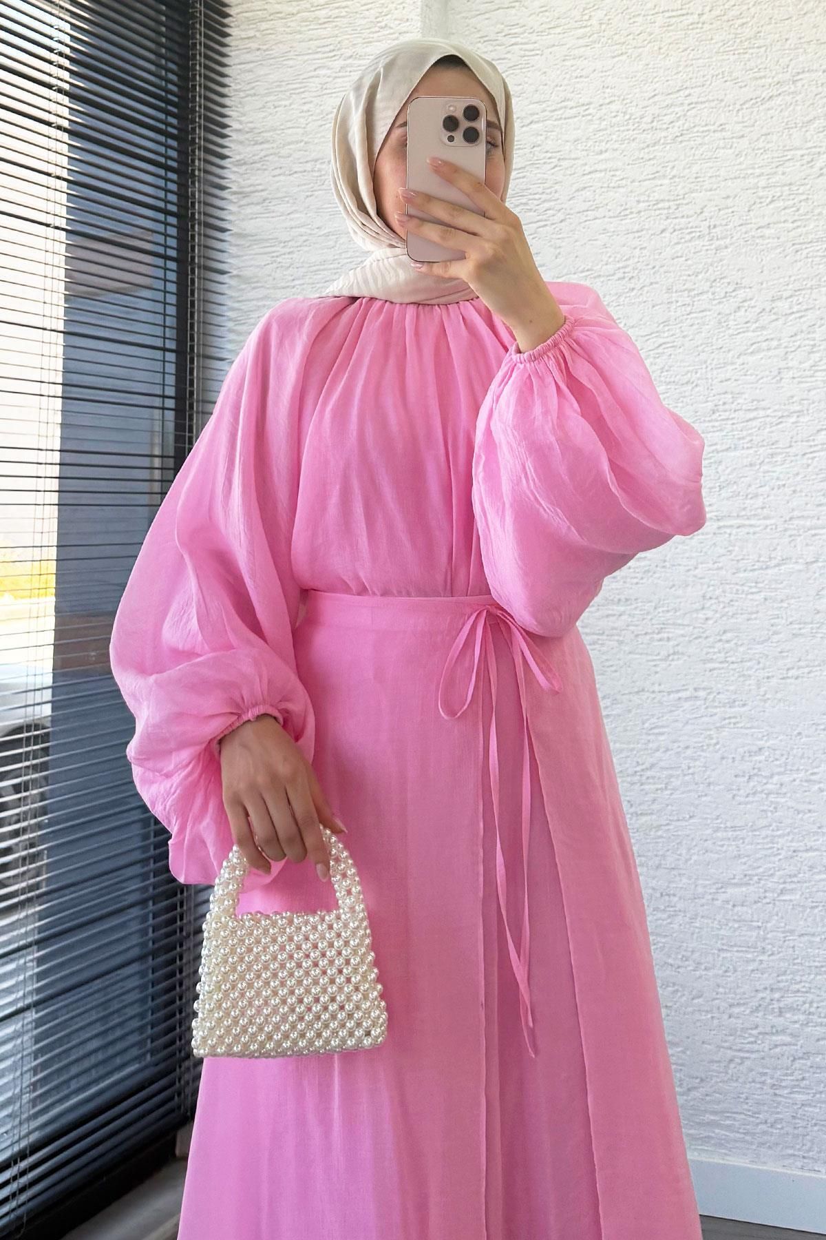 MELEK ARAZ Vuala Bağlamalı Bluz Etek Takım-Pembe