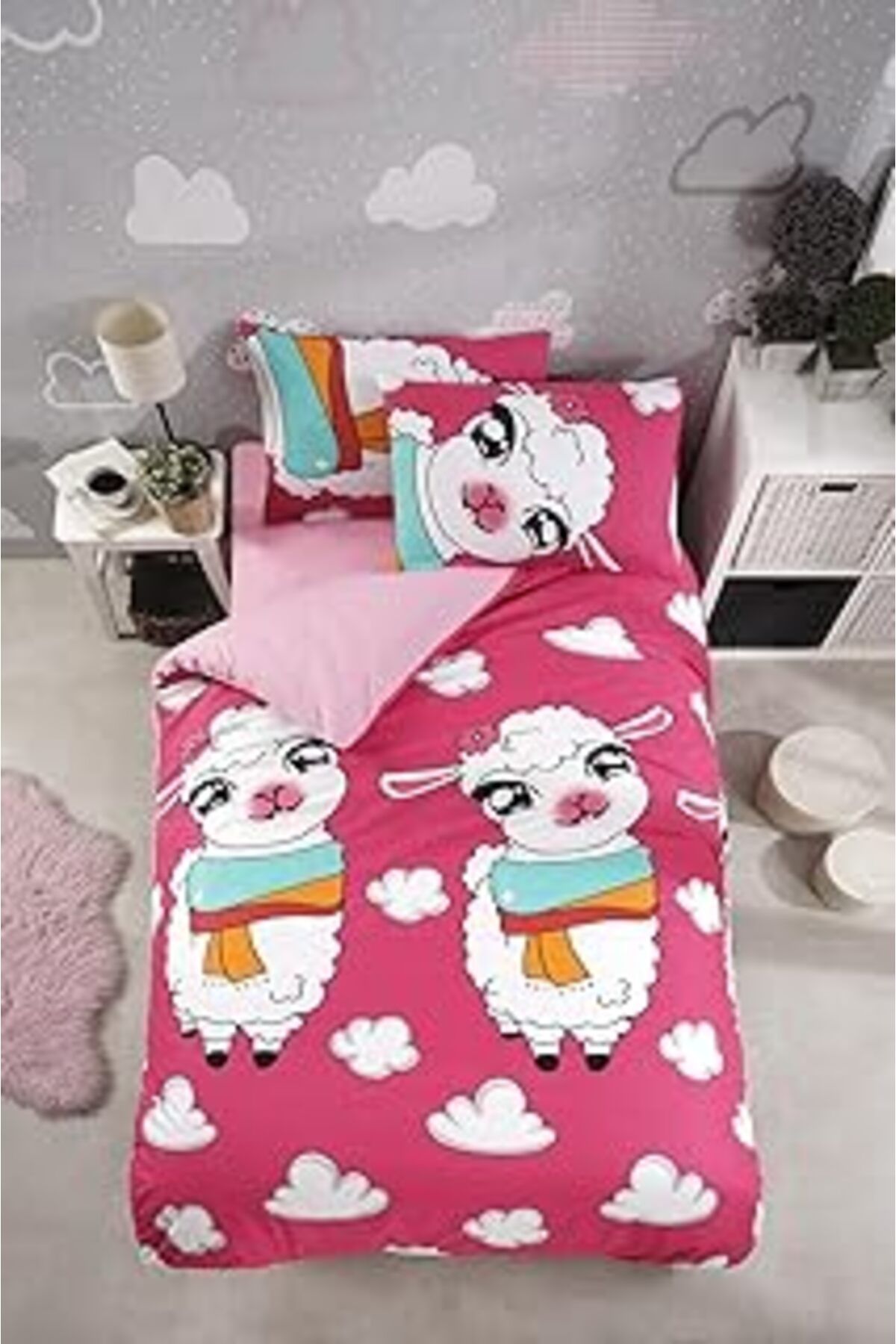Qedii Laliva Çerşafı Lastikli Kuzulu Çocuk Nevresim Takımı Pembe Tek Kişilik, Pembe