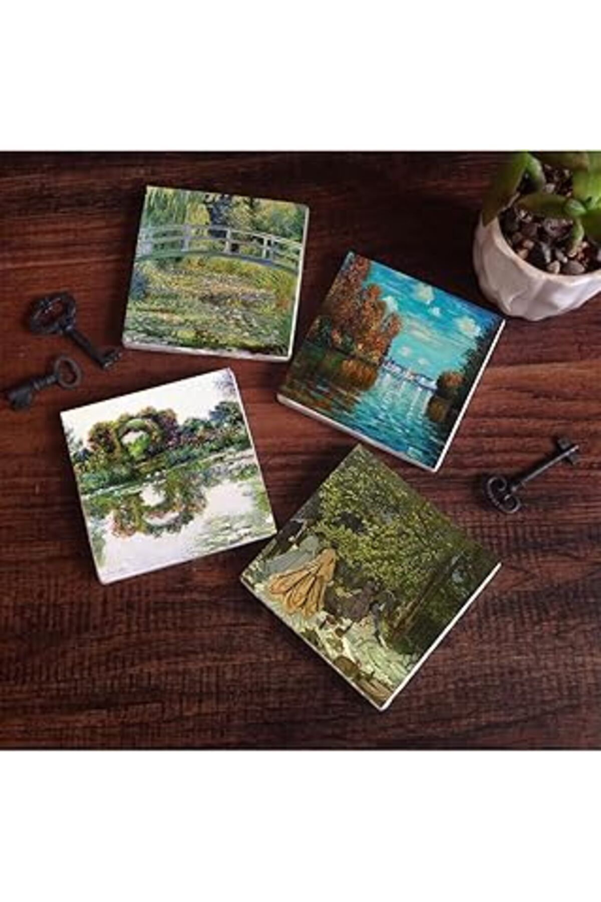 NETWORK ART Pinecone Claude Monet Sonbahar, Gül Çiçekli Kemer, Kırda Öğle Yemeği, Nilüfer Gölü Taş Bardak Altlı