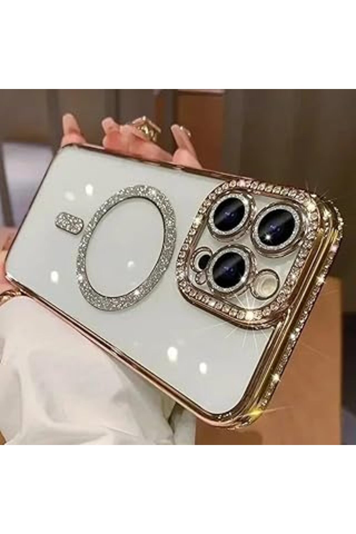 Mu Art Ahşap Iphone 16 Pro Ile Uyumlu Parlak Taşlı Tasarımlı Kamere Lens Korumalı Parlayan Taşlı Wireless Şarj Ö