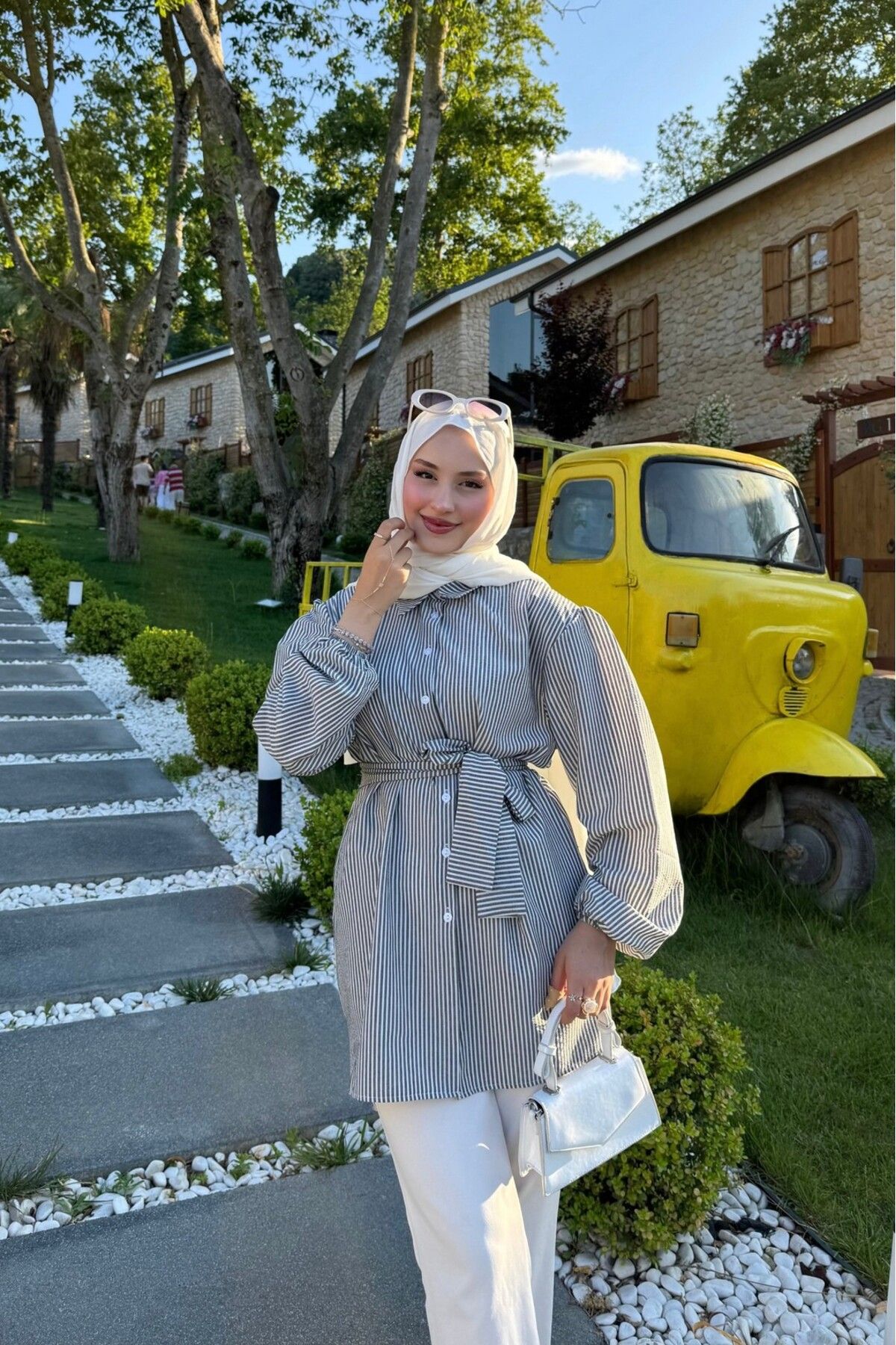 lurex moda Bağlamalı Çizgili Gömlek