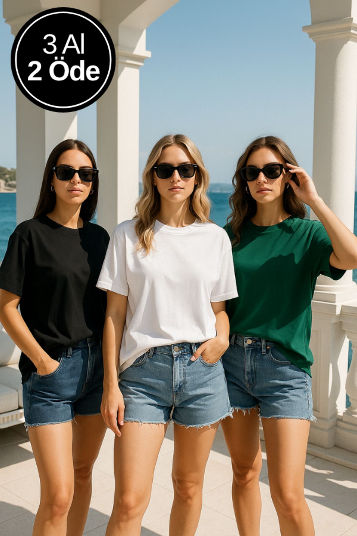 Rich Kadın 3'lü Paket Yeşil-Beyaz-Siyah %100 Pamuk Oversize Basic Tişört Bisiklet Yaka Relaxed T-Shirt