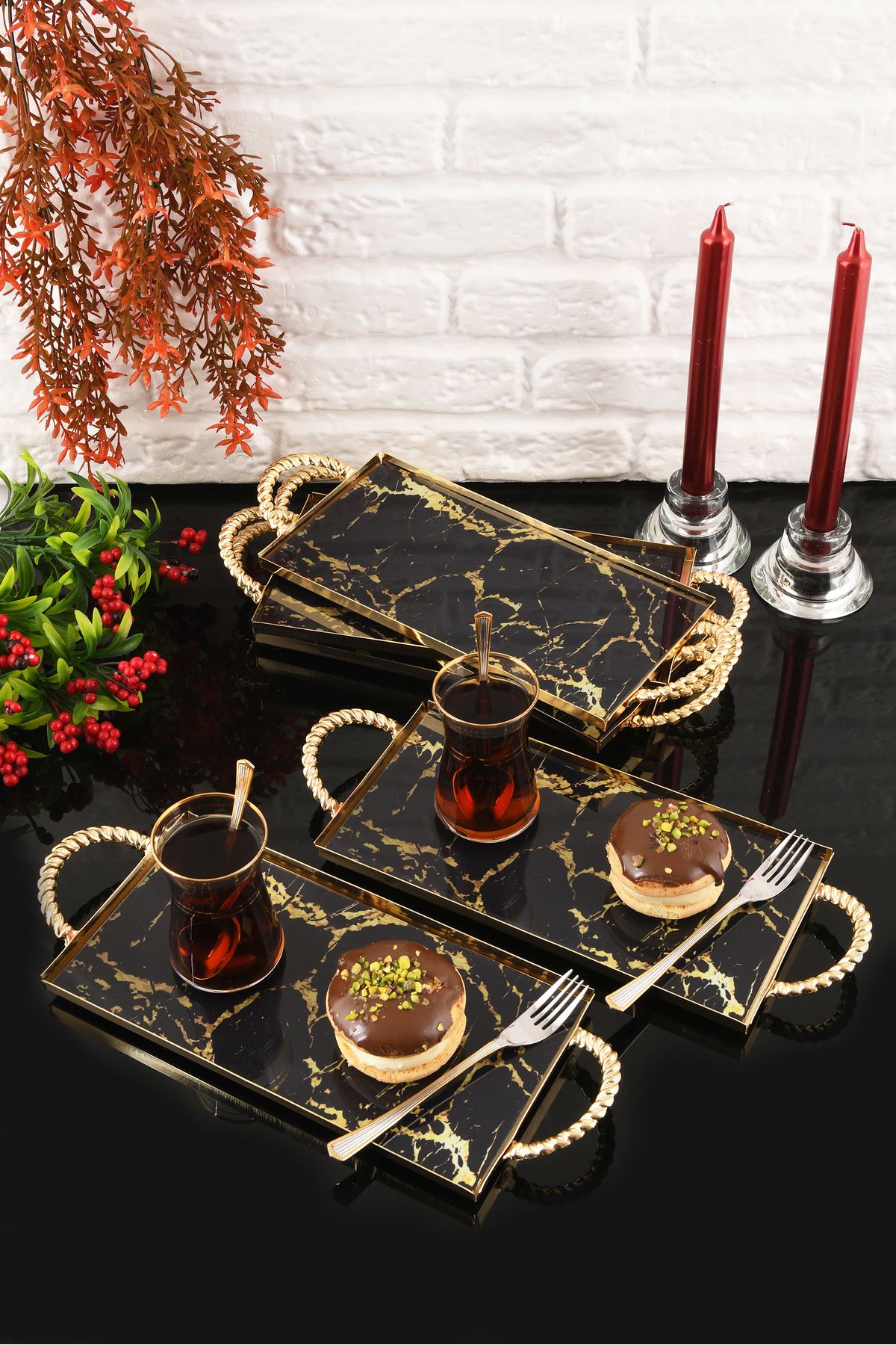 HELVACIOĞLU AKSESUAR 6 Adet Kulplu Kahve ,Pasta, Kek, Baklava, Kurabiye, Çay Sunum Tepsisi 12x25 cm Gold