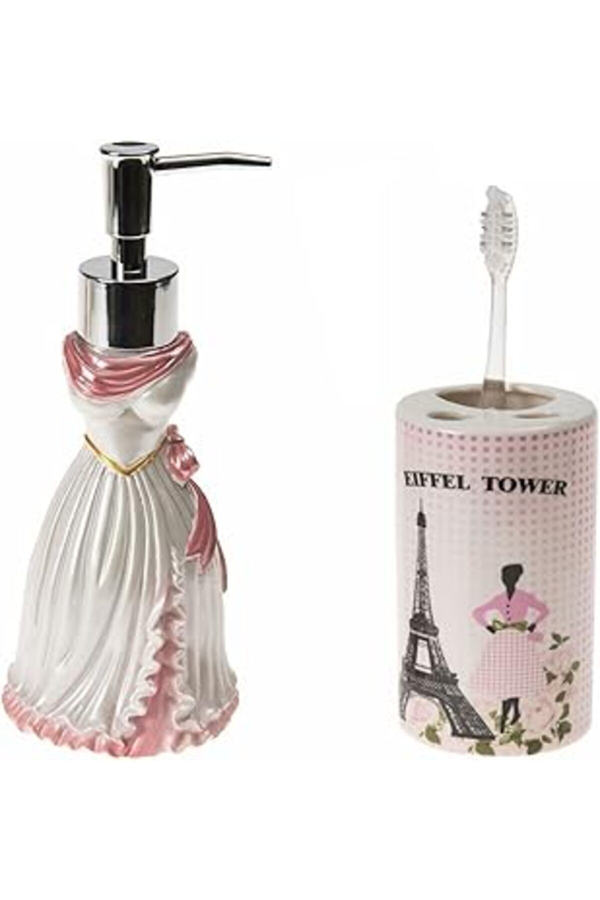 NETWORK ART Bosphorus Homi Sivi Sabunluk,Diş Firçalik 2 Li Banyo Seti,Lady Ve Paris, Pembe