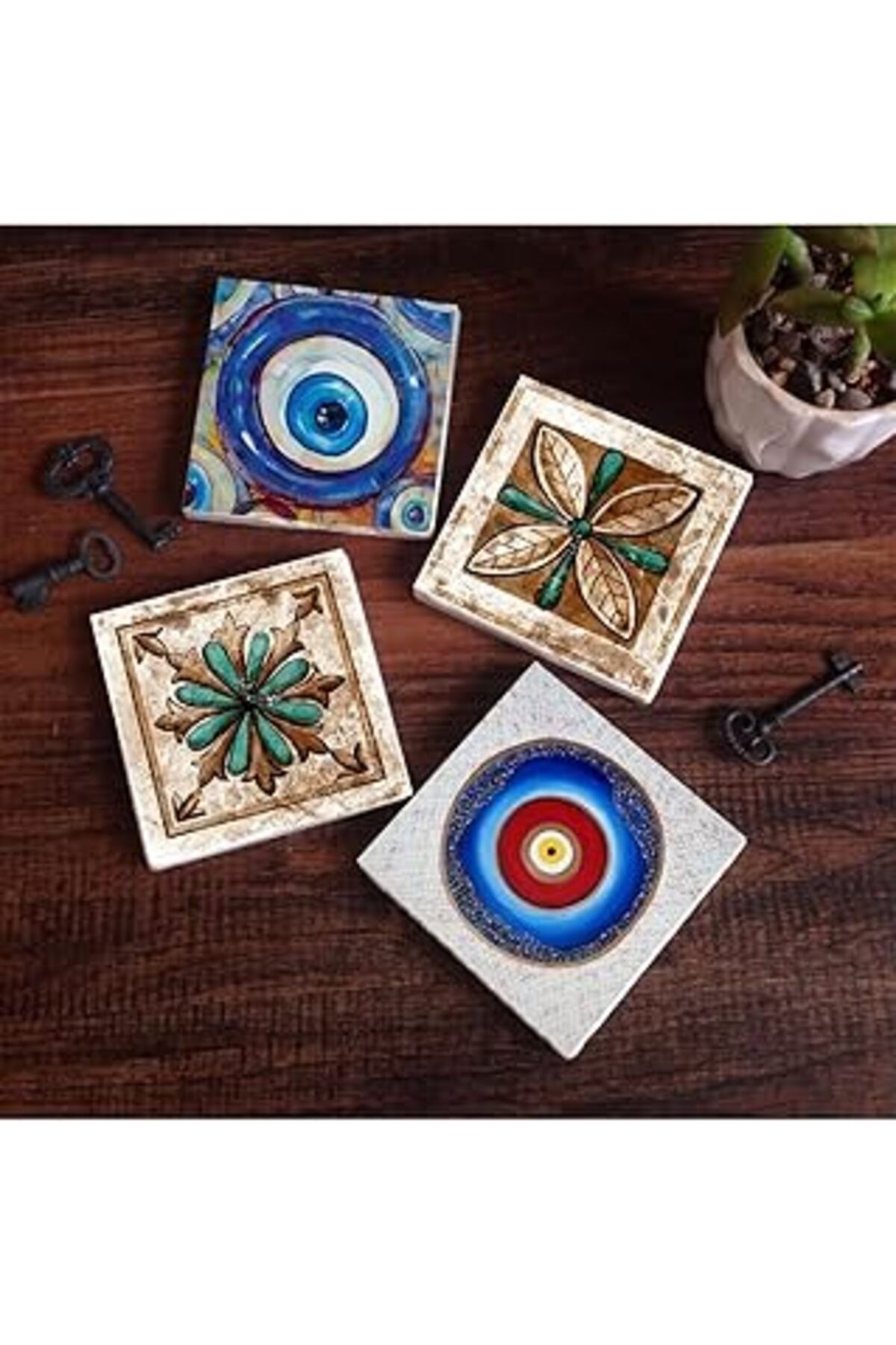 ASİTAN Pinecone Nazar, Fas Desenli Vintage Taş Bardak Altlığı Seti - 4 Parça - Dekoratif, Rustik Mutfak Ak