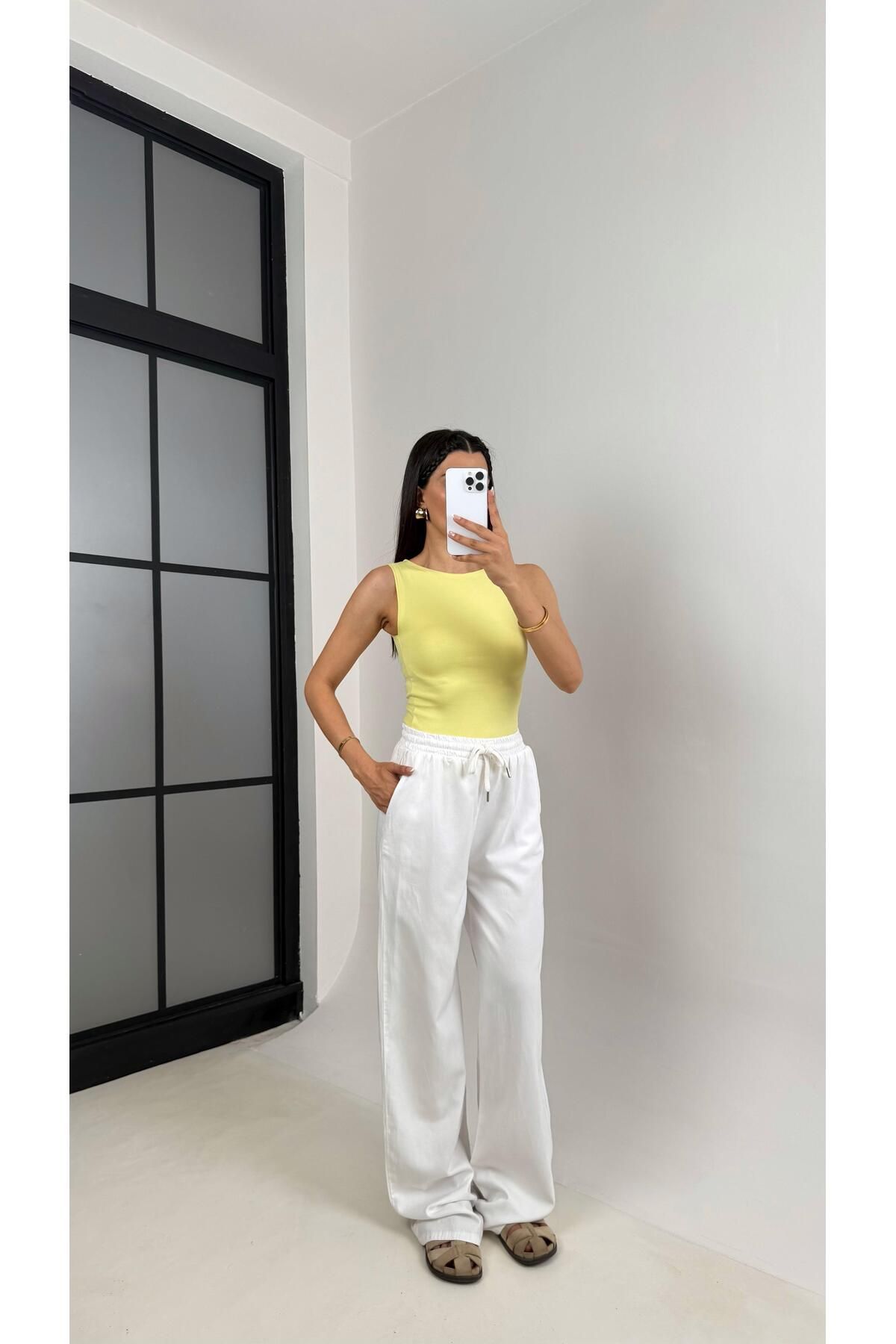 Gaus Beyaz Beli Lastikli Muadil Gabardin Pantolon Gaus00557