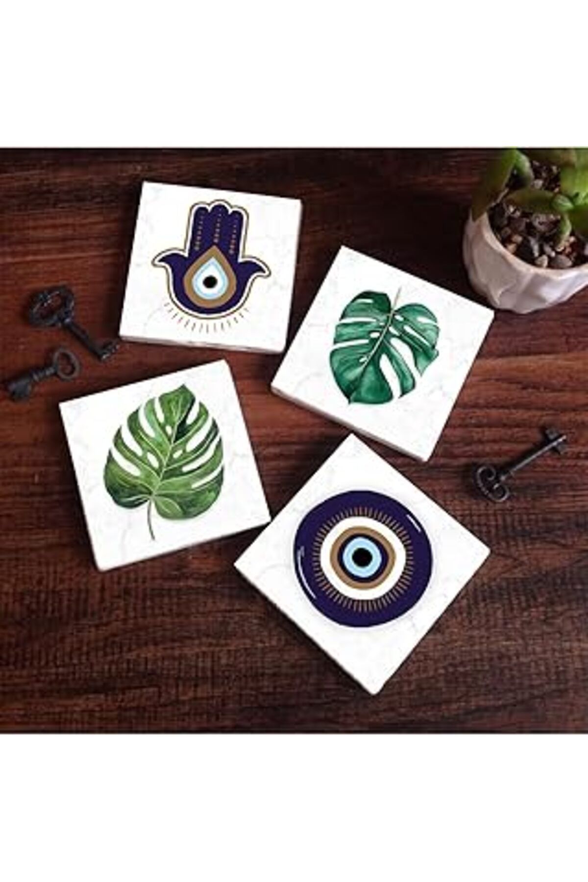 ASİTAN Pinecone Fatma Ana Eli (Hamsa), Nazar, Yaprak Taş Bardak Altlığı Seti - 4 Parça - Dekoratif, Rustik