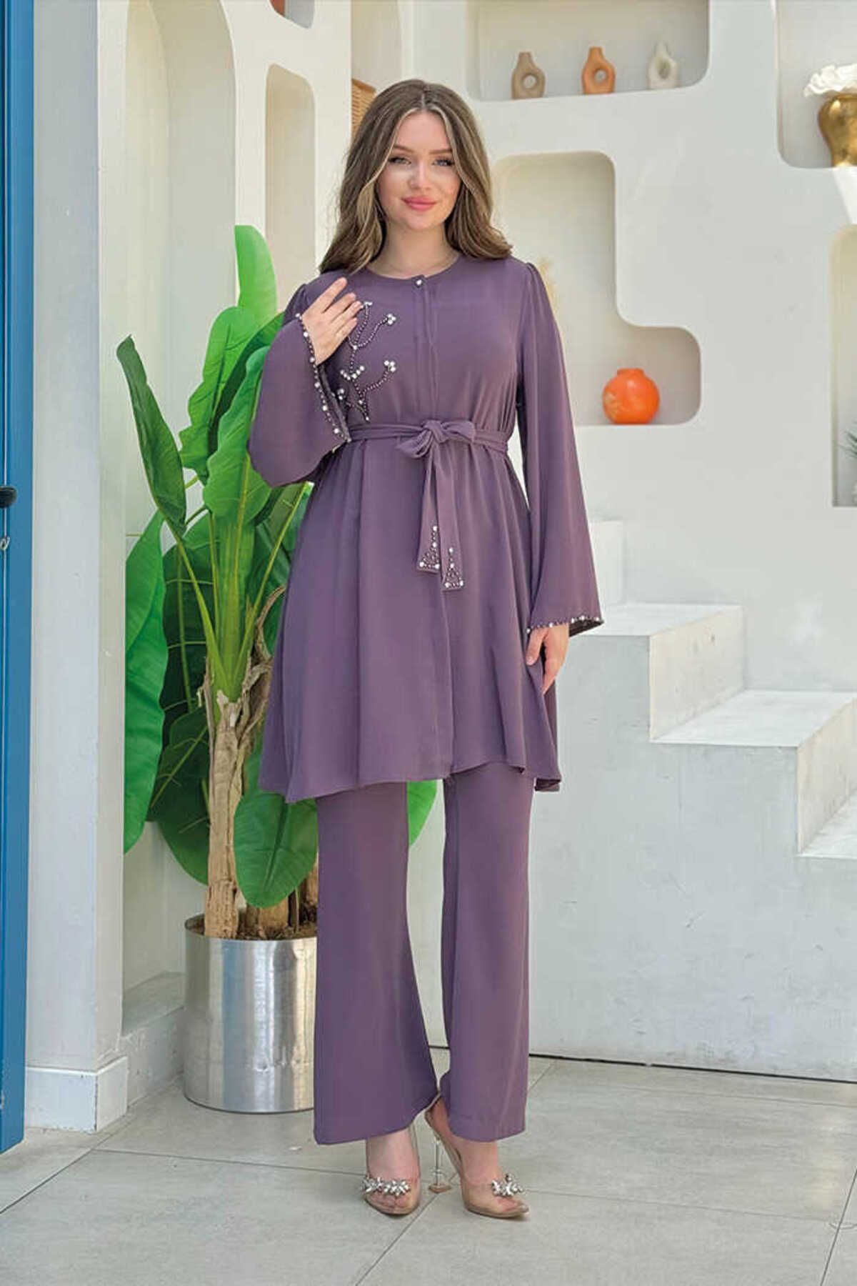 BYM Taş İşleme Detaylı Kuşaklı Tunik ve Pantolonlu Takım 8432 Lila
