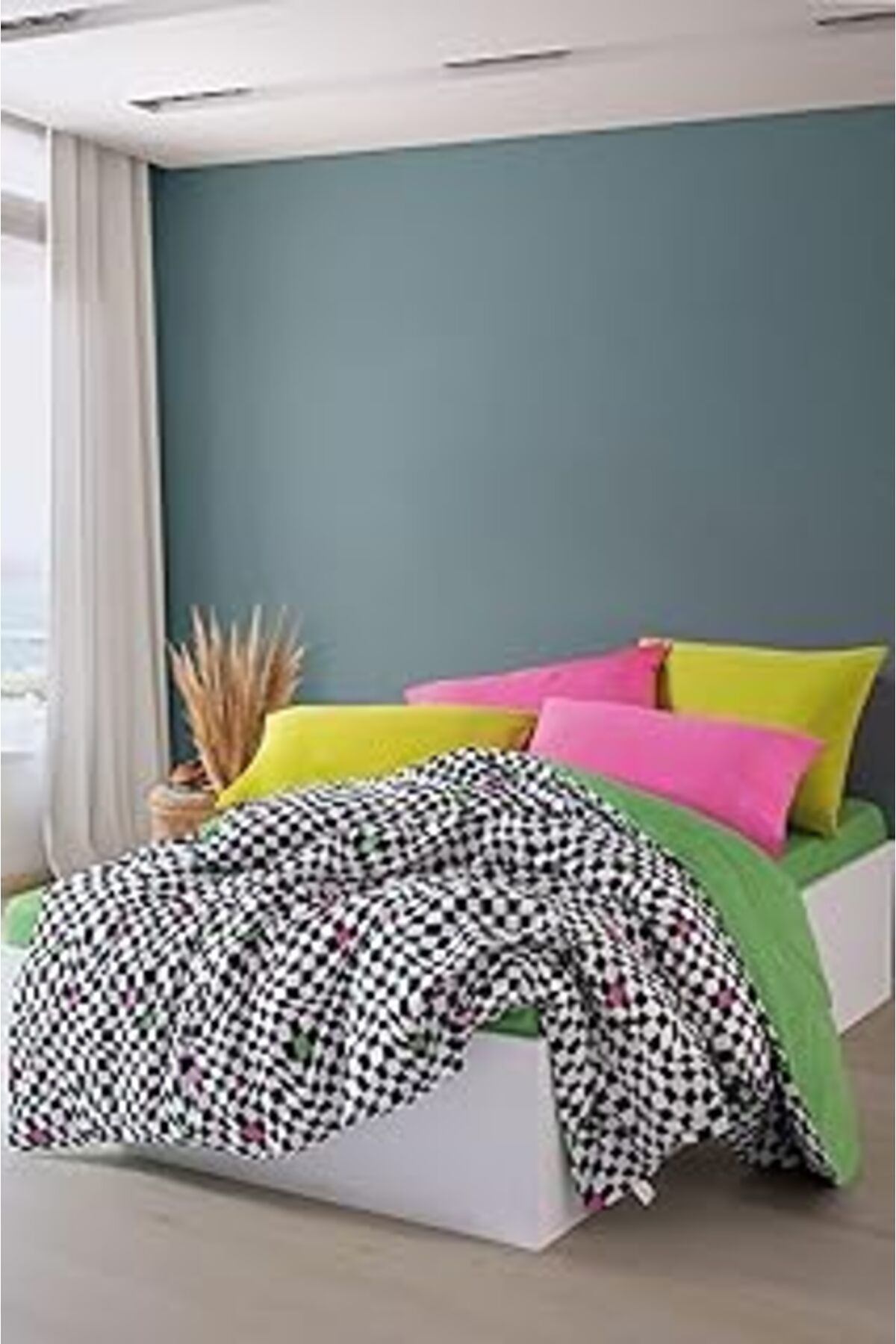 Qedii Cozy Home Popping Colors Çift Kişilik Lastikli Çarşaflı Nevresim Takımı Dazzle Yeşil