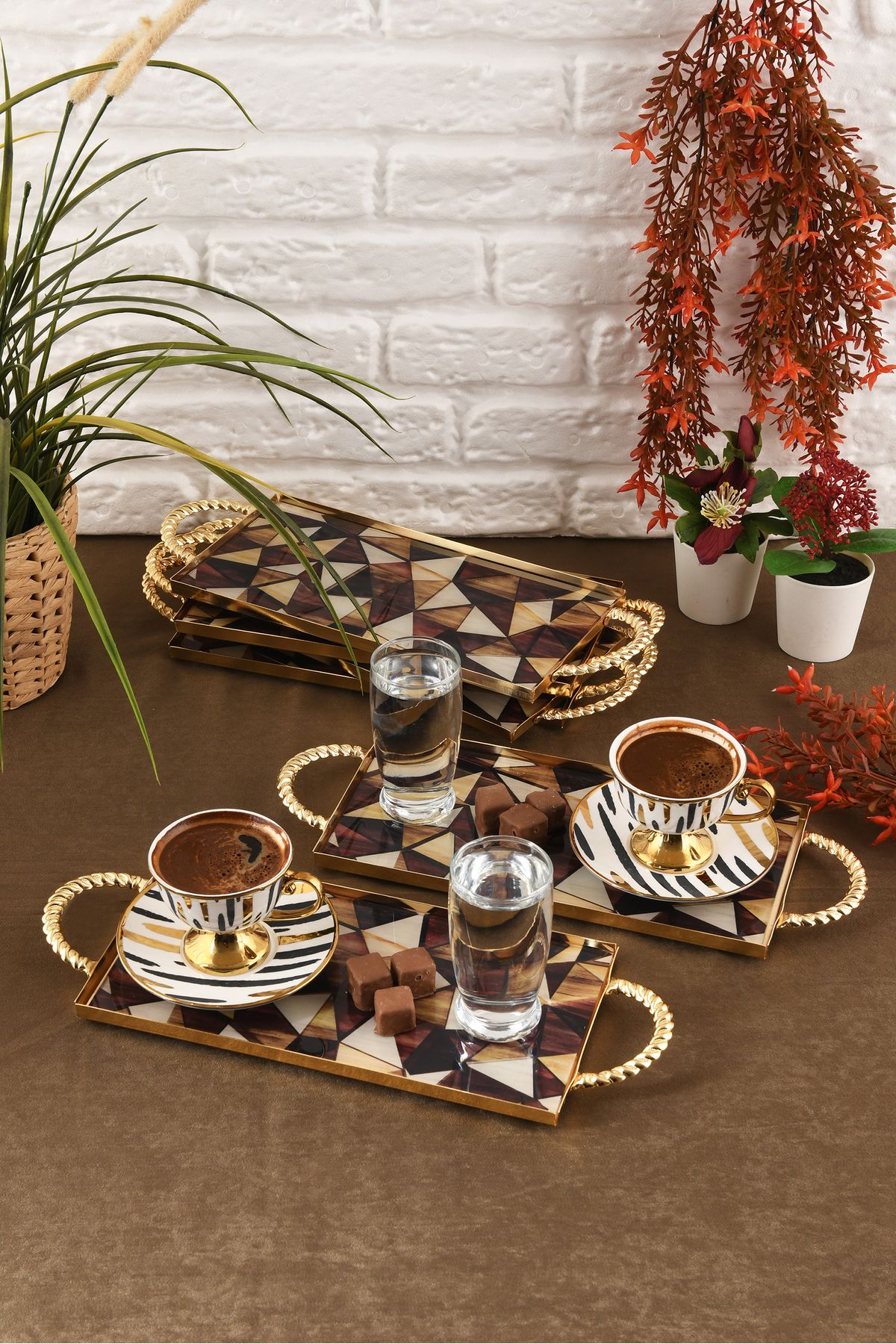 HELVACIOĞLU AKSESUAR 6 Adet Kulplu Kahve ,Pasta, Kek, Baklava, Kurabiye, Çay Sunum Tepsisi 12x25 cm Gold