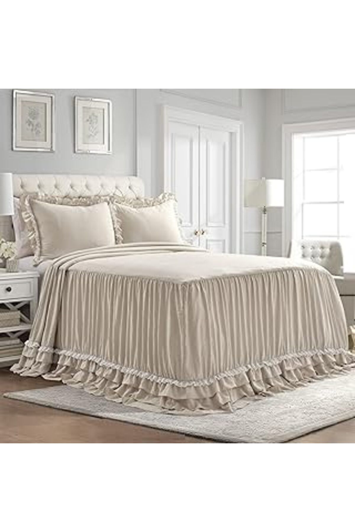 Qedii Lush Decor Shabby Chic Fırfırlı Dantel Yatak Örtüsü Nötr Çiftlik Evi Tarzı Hafif 3 Parça Set King,