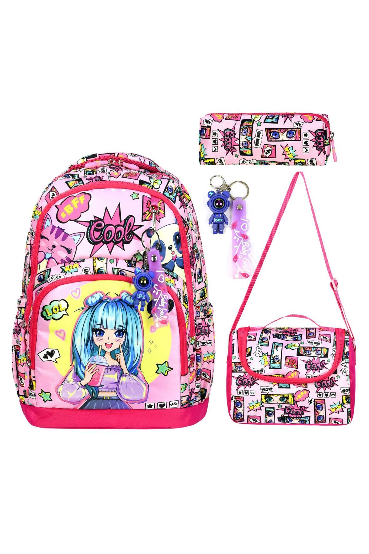 YİGİT BUTİK Yigit Butik Anime Karakter Baskılı Üçlü Kız Çocuk İlkokul Çantası Seti