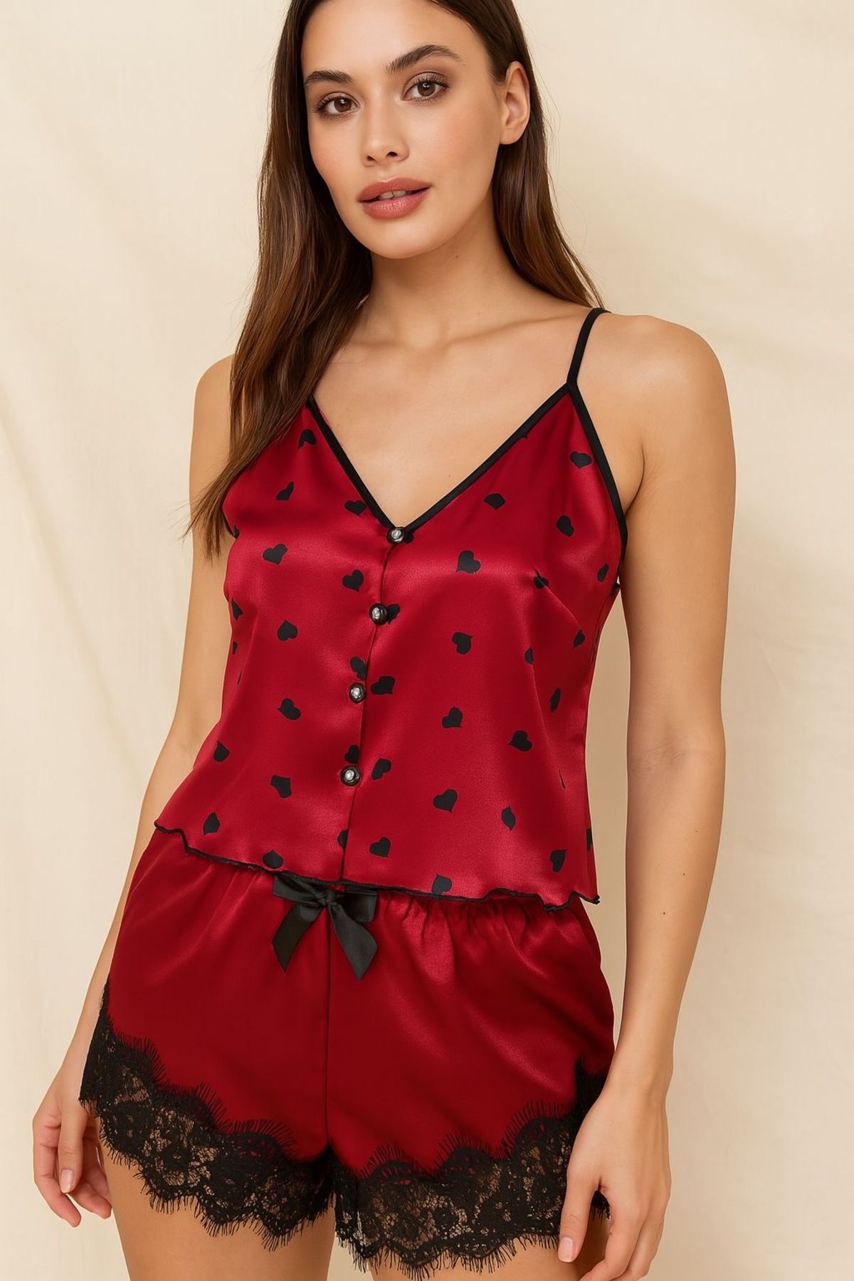 Mien Store VIP Dantel İşlemeli Kalpli Saten Şortlu Pijama Takımı