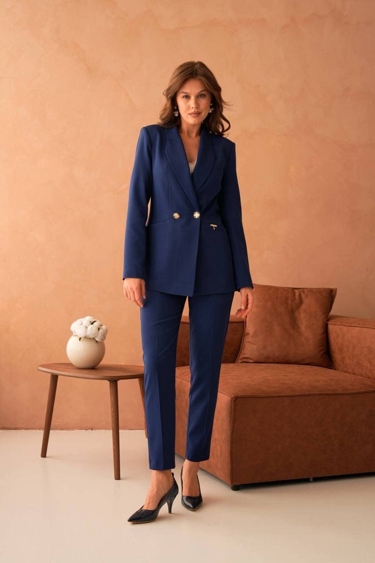nodilife Düğme Detaylı Blazer Ceket Pantolon Kadın Takım