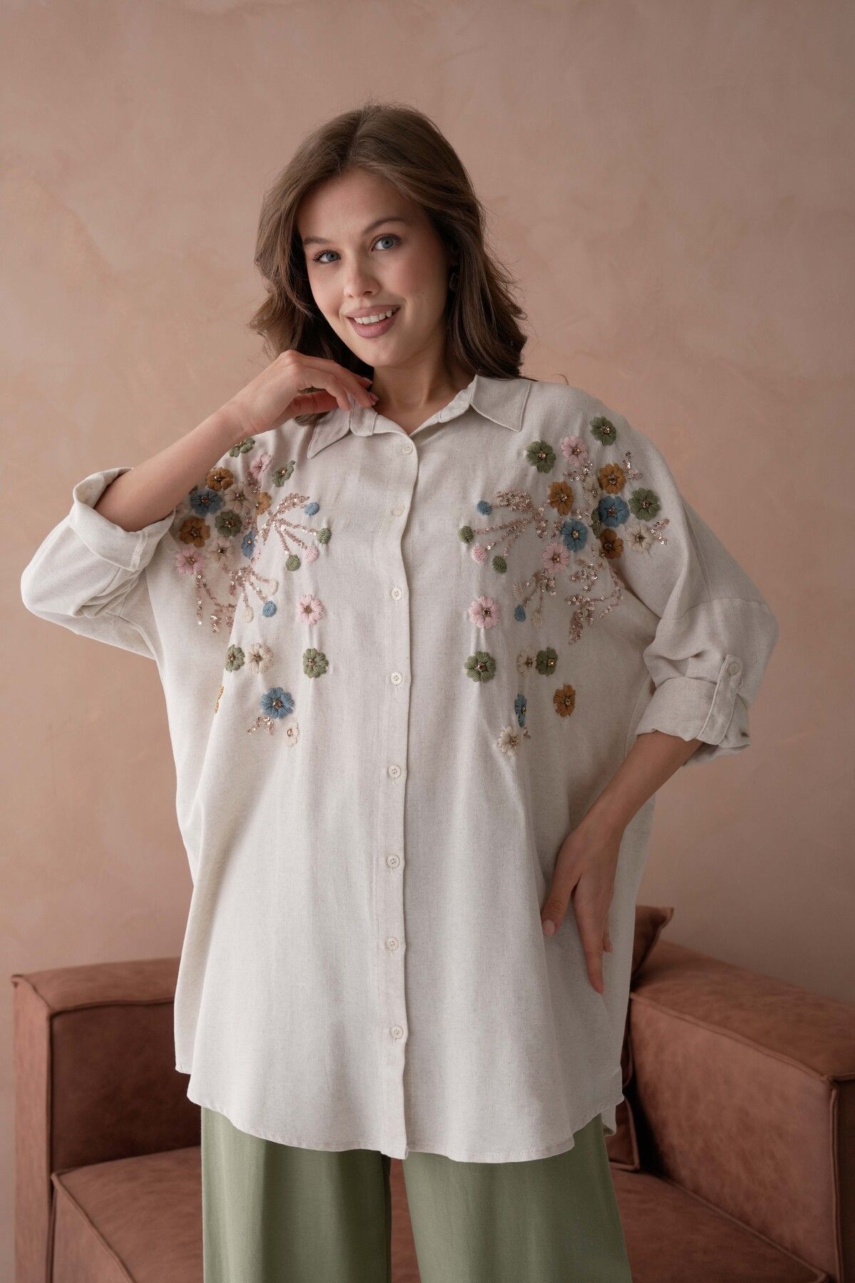 MVStore Kadın Desenli Nakış İşlemeli Keten Oversize Standart Beden Gömlek ve Pantolon