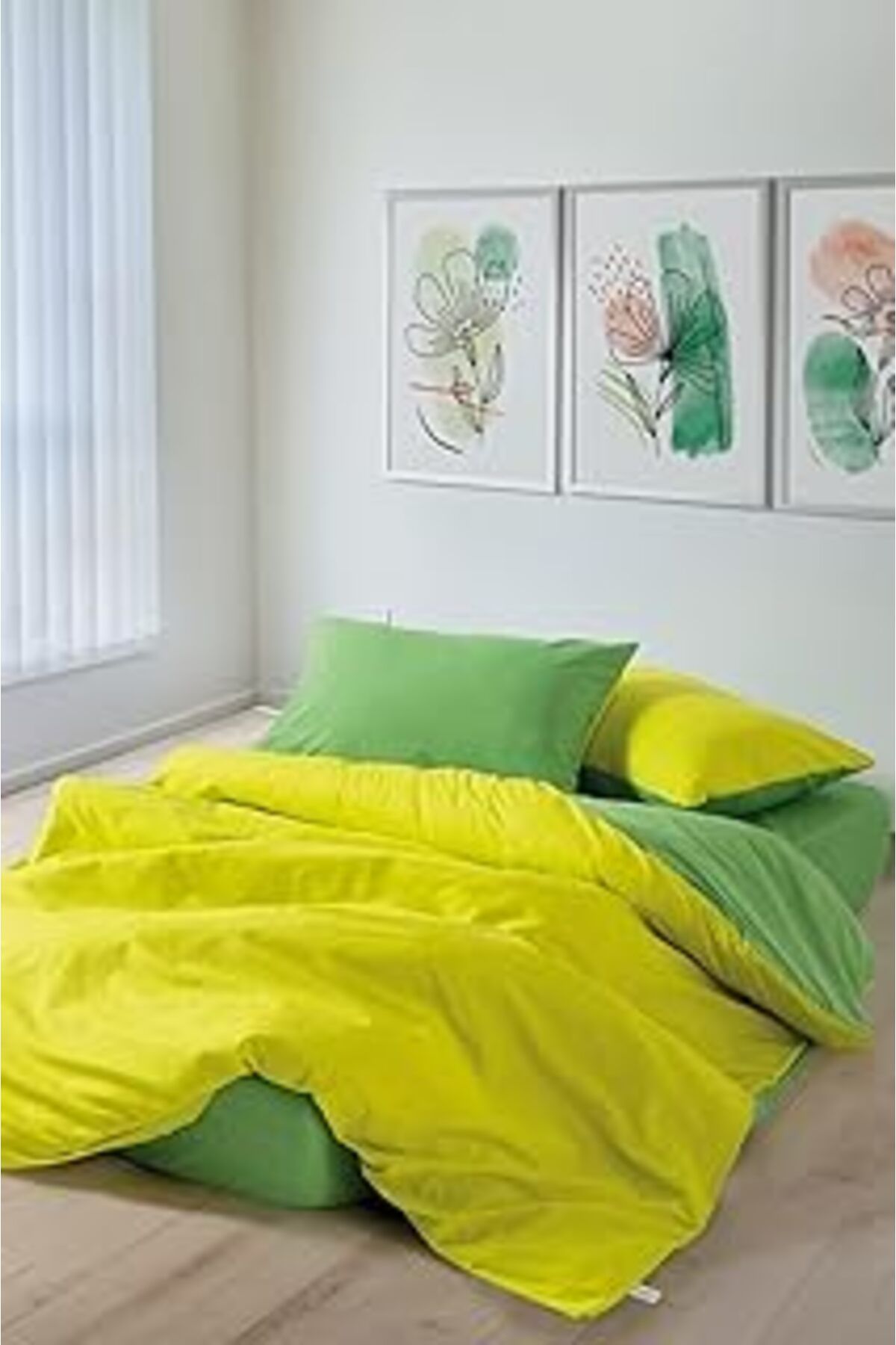 Qedii Cozy Home Popping Colors Tek Kişilik Lastikli Çarşaflı Nevresim Takımı Sage Sarı-Yeşil