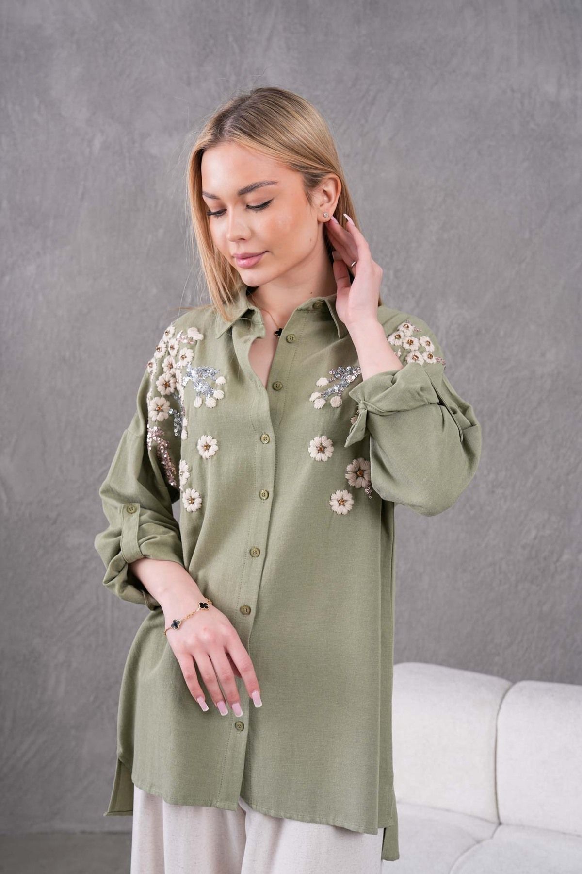 MVStore Kadın Çiçek Desenli Nakış İşlemeli Keten Oversize Gömlek ve Pantolon