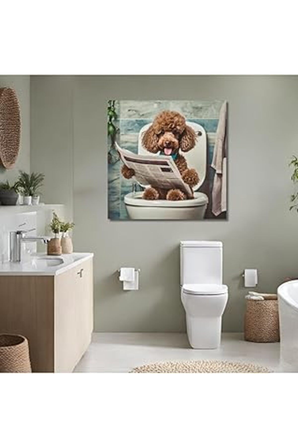 Mu Art Ahşap Gaagart Tekli Kare Kanvas Banyo Tablosu Gazete Okuyan Kaniş Köpek 50 X 50 Gartnm8420