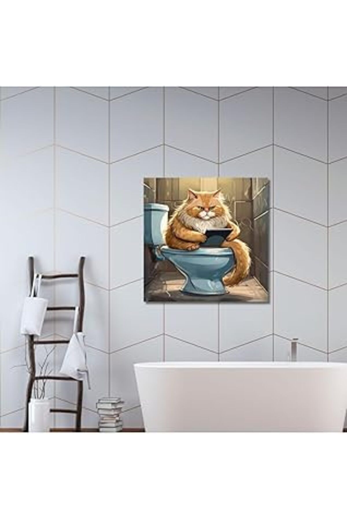 Mu Art Ahşap Gaagart Tekli Kare Kanvas Banyo Tablosu Tabletle Oynayan Sarman Kedi 50 X 50 Gartnm8305